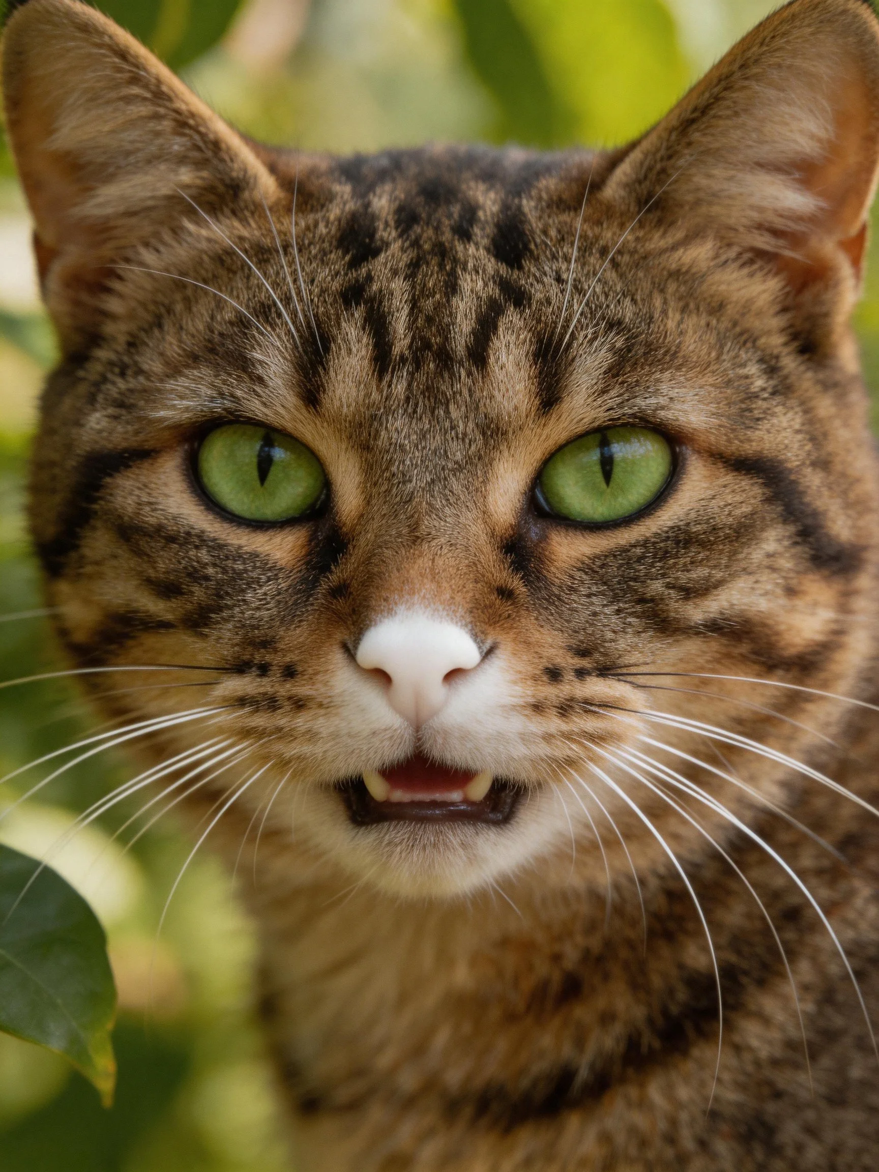 A close - up of a brown tabby cat with bright green eyes