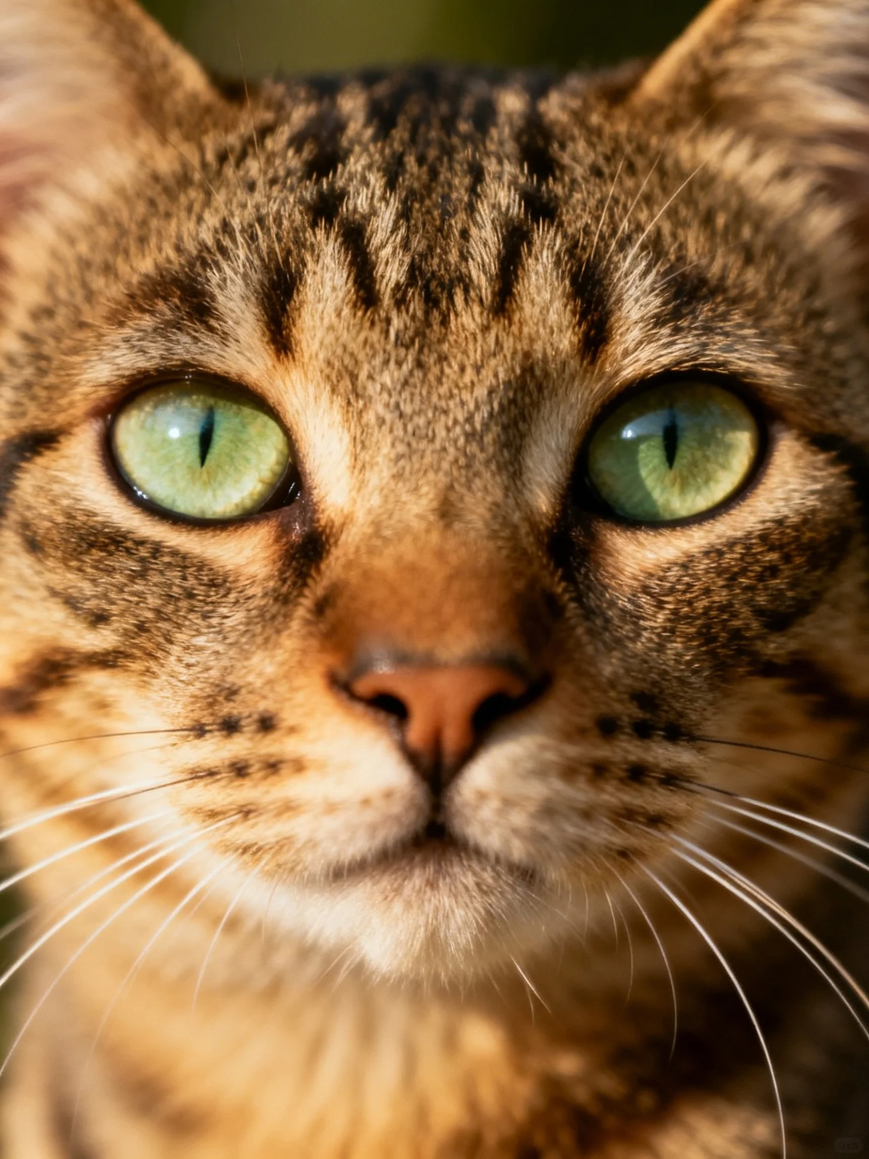 A close - up of a brown tabby cat with bright green eyes