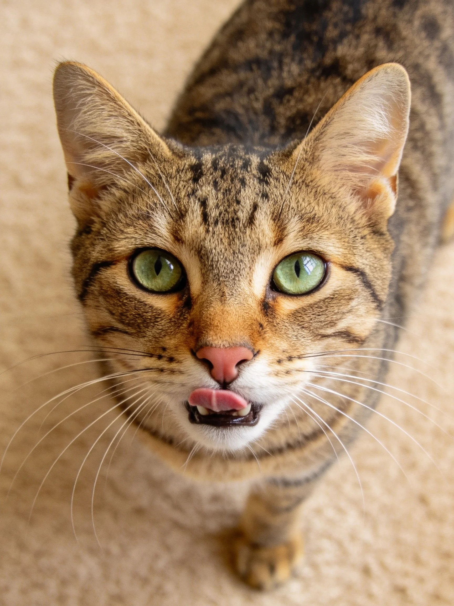 A close - up of a brown tabby cat with bright green eyes