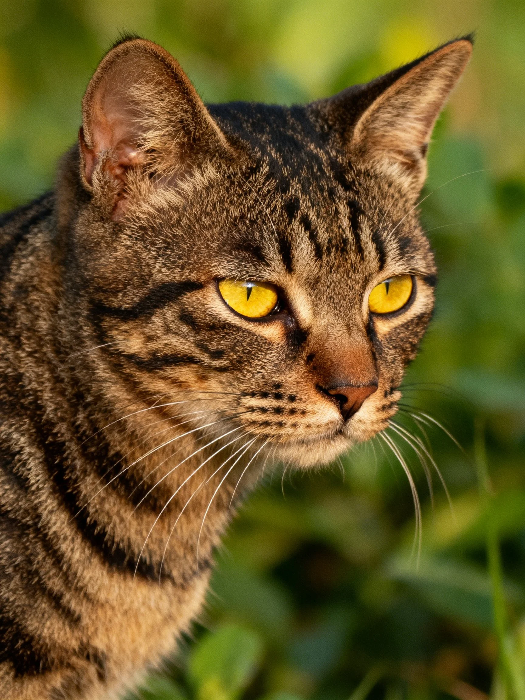 A close - up of a brown tabby cat with bright yellow eyes