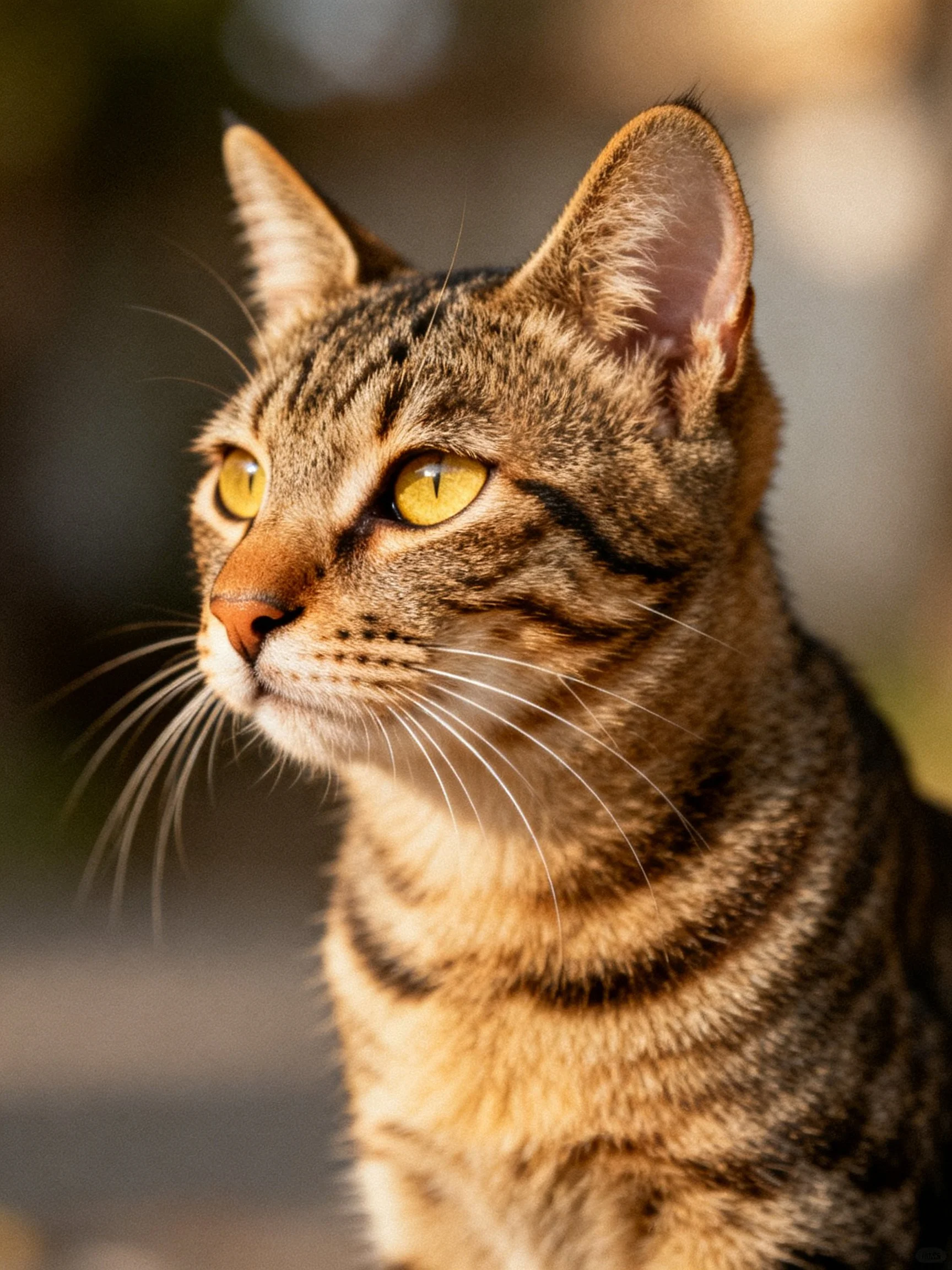 A close - up of a brown tabby cat with bright yellow eyes