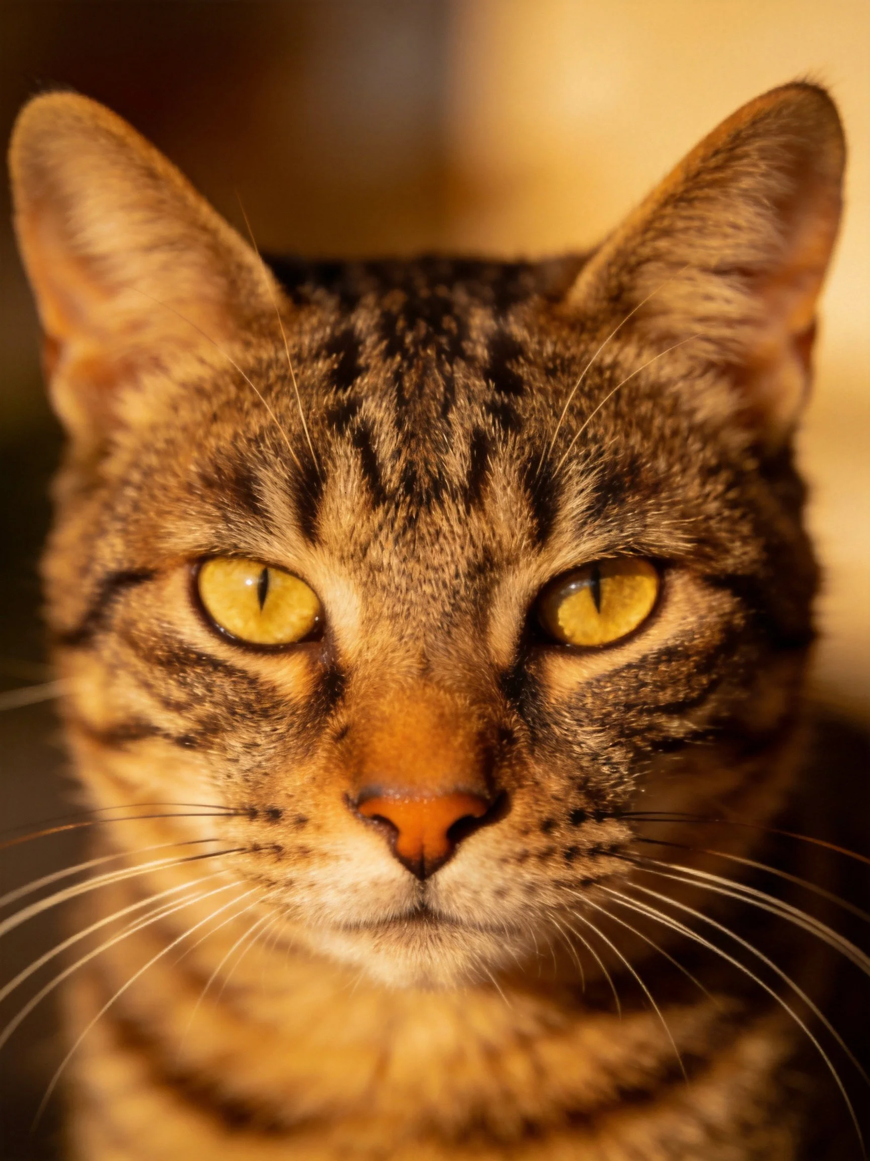 A brown tabby cat stares directly at the camera with vivid yellow eyes.