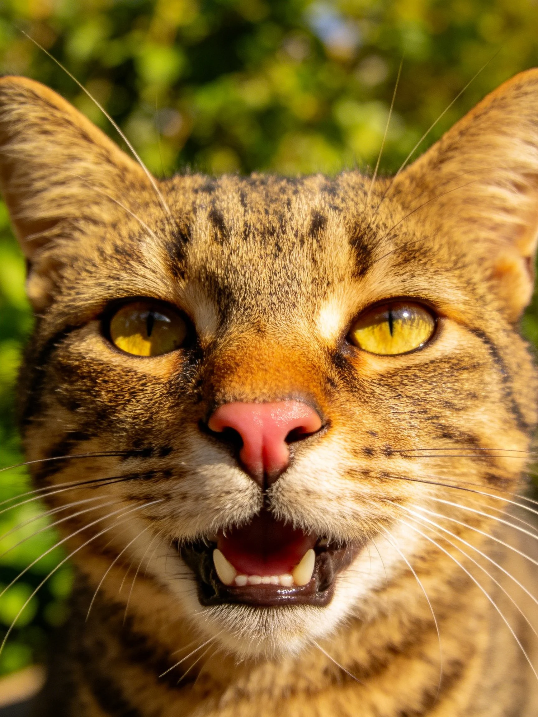 A close-up shows a brown tabby cat with yellow eyes in an outdoor setting.