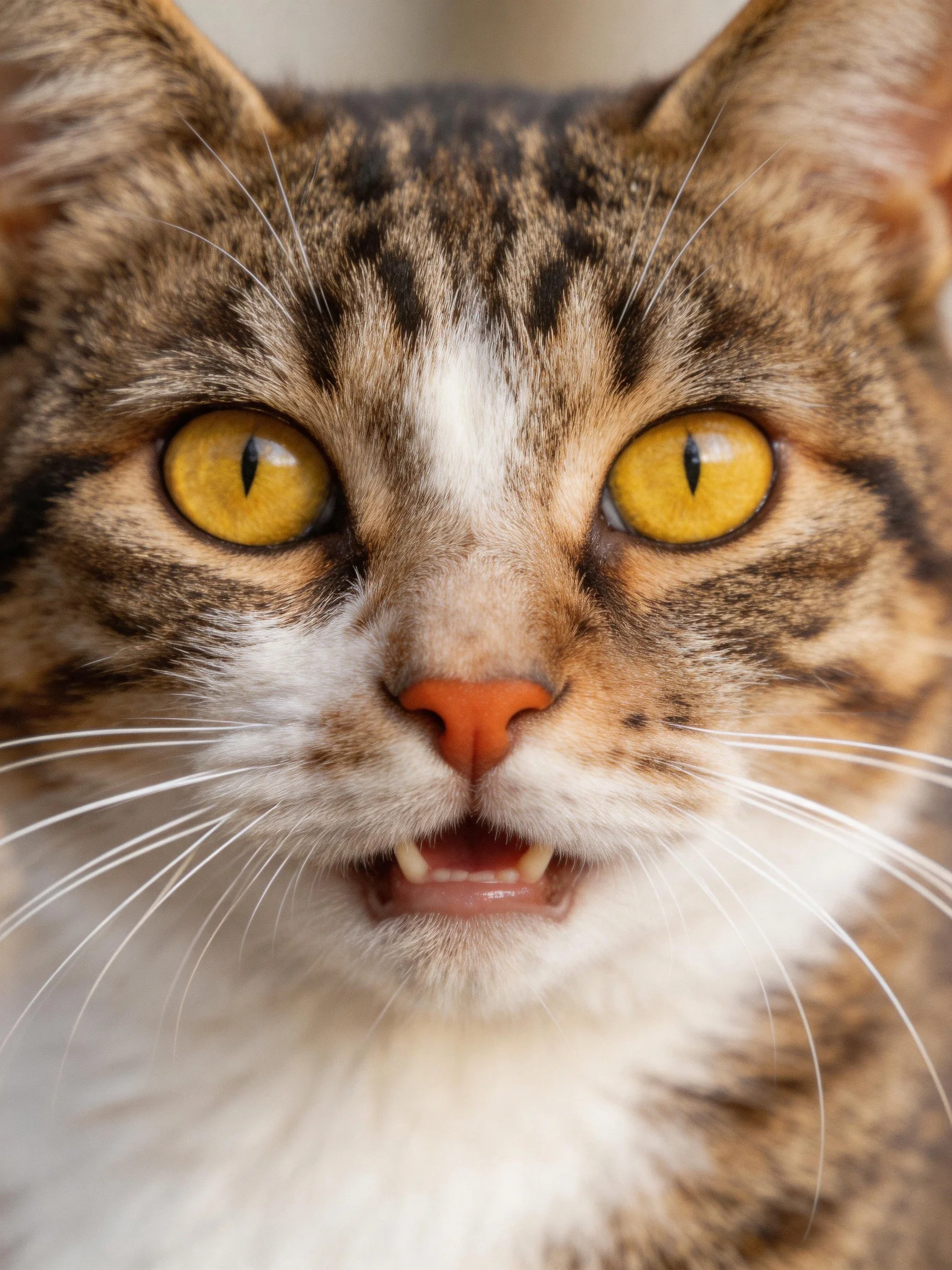 Brown tabby cat with bright yellow eyes in a close-up photo.