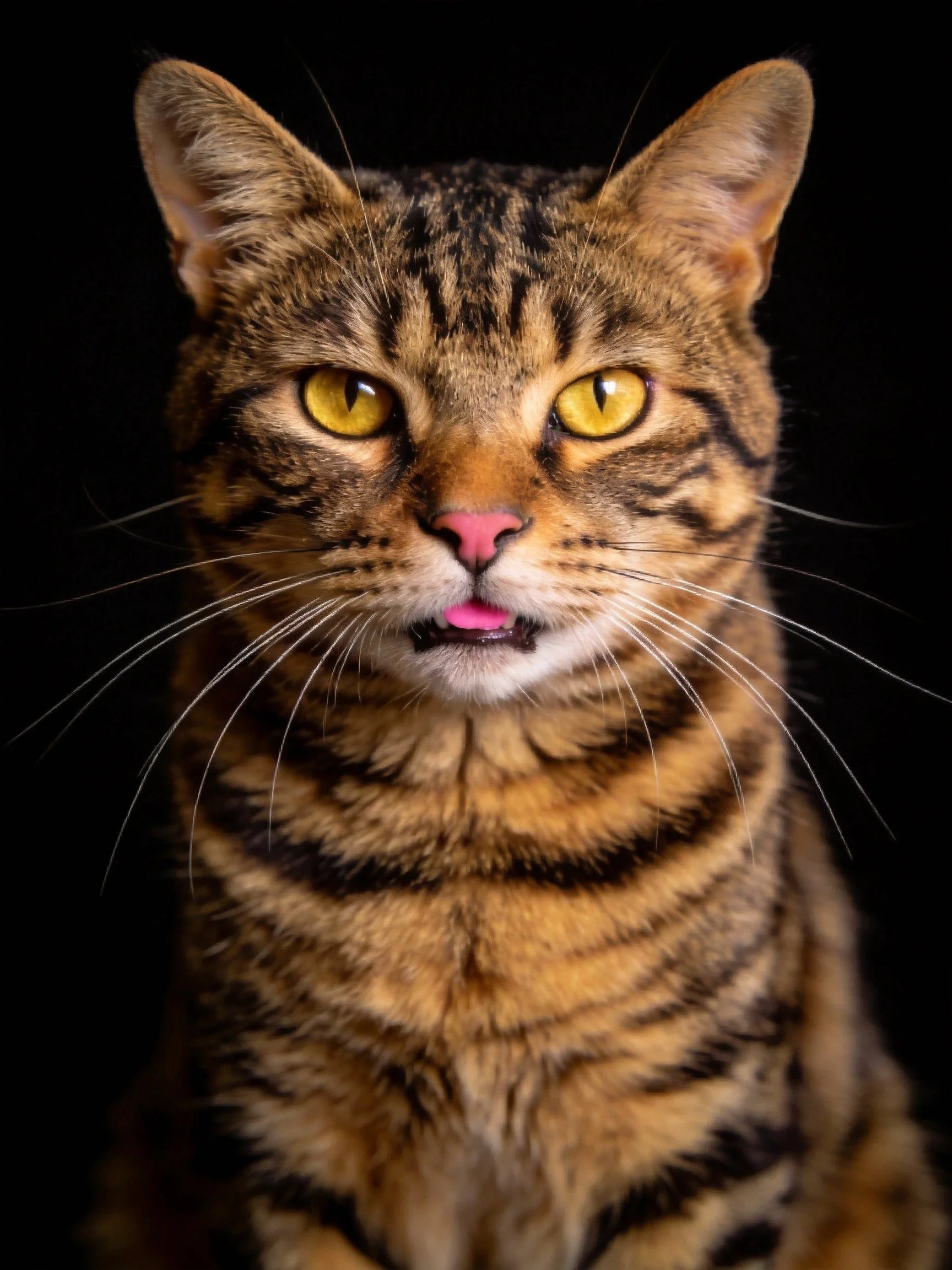A close - up of a brown tabby cat with bright yellow eyes