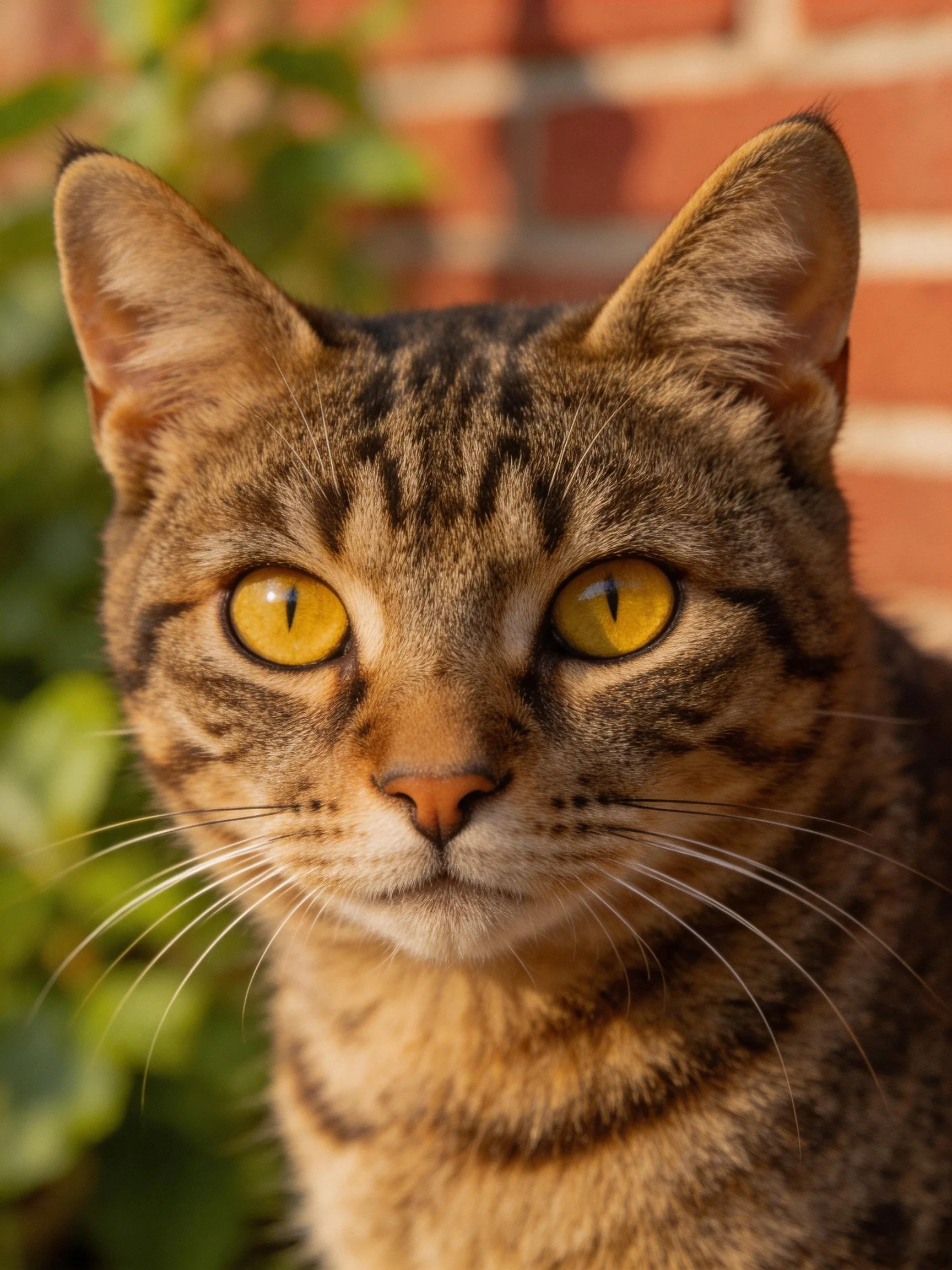 A close - up of a brown tabby cat with bright yellow eyes near a brick wall
