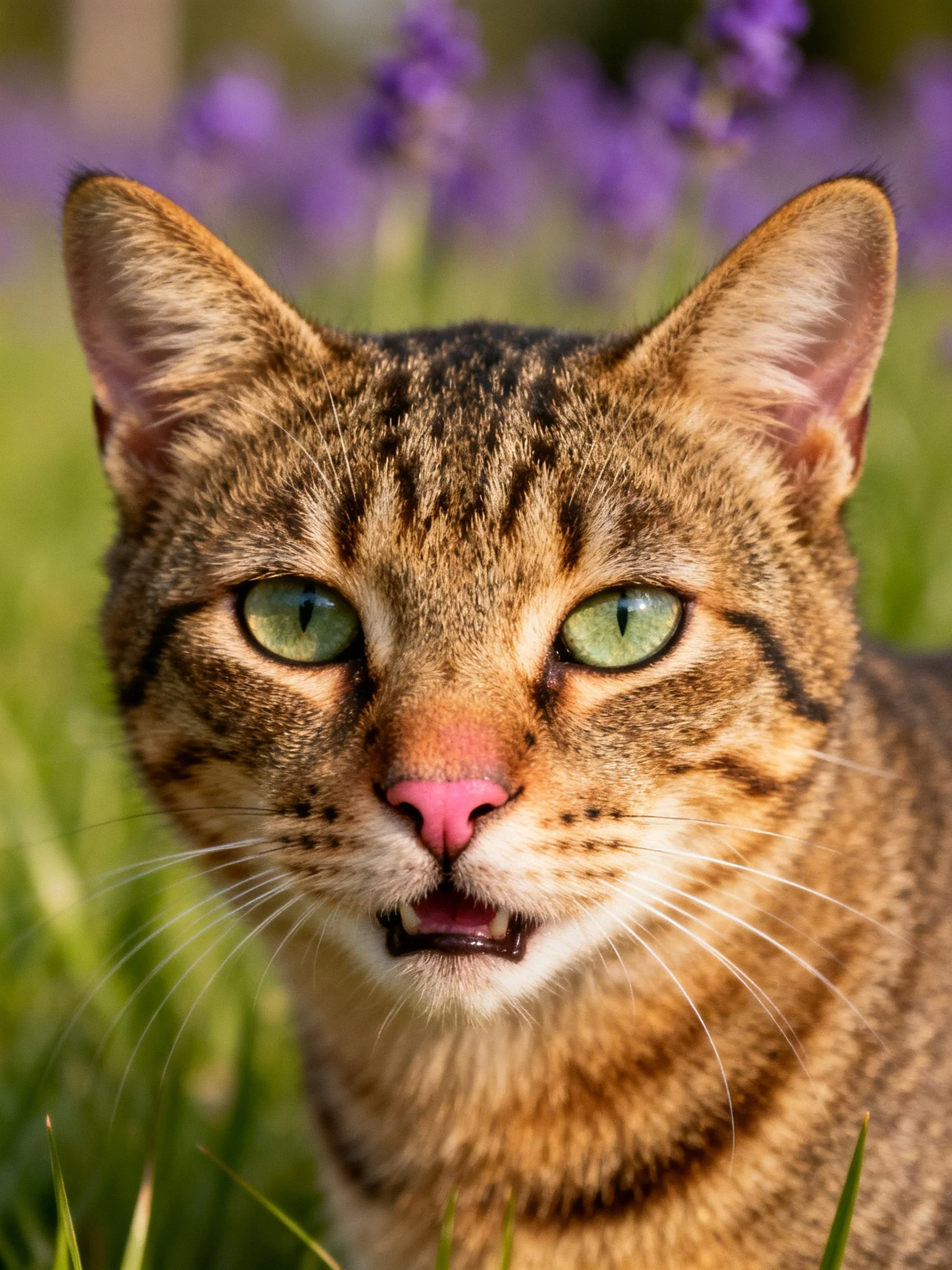 A close-up of a brown tabby cat with green eyes in a grassy area with purple flowers