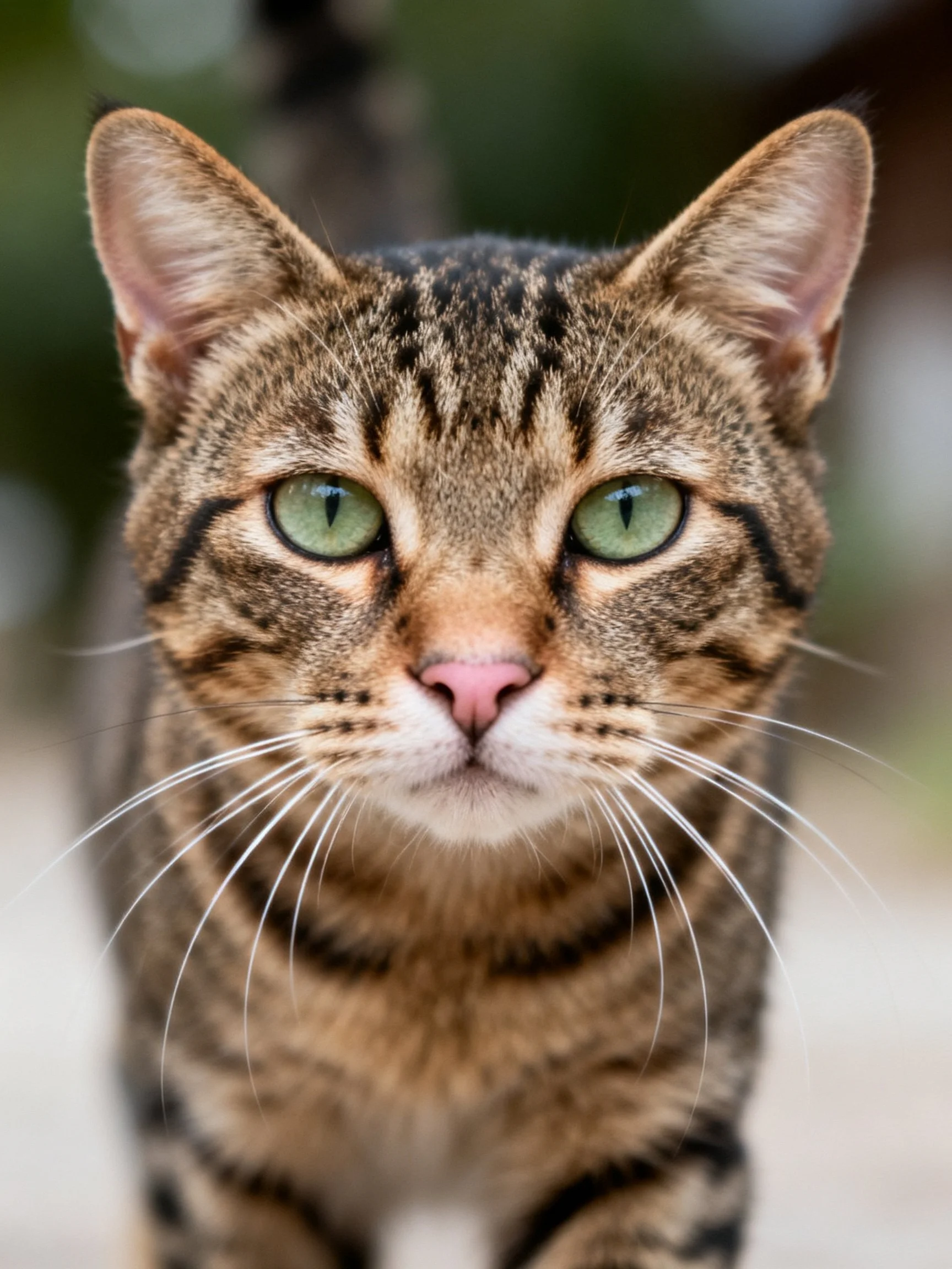 A brown tabby cat with green eyes is shown in a close-up photograph.