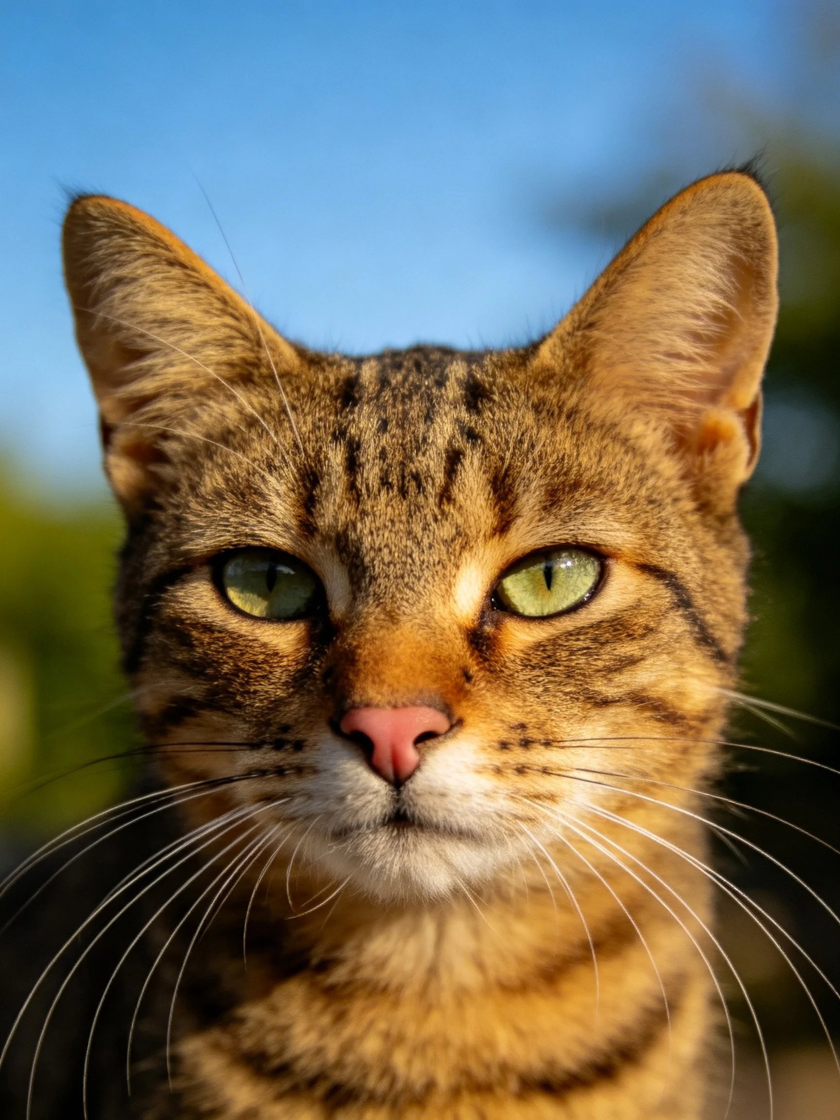 A close - up shows a brown tabby cat with green eyes in natural light.