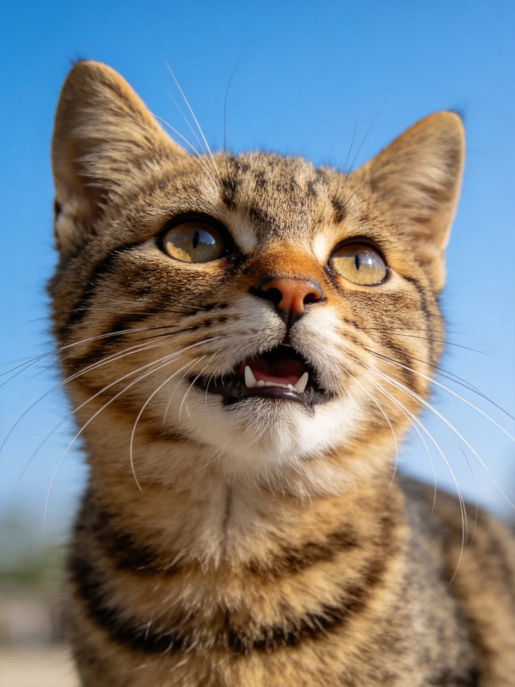 A brown tabby cat with vibrant yellow eyes is shown up close against a blue sky.
