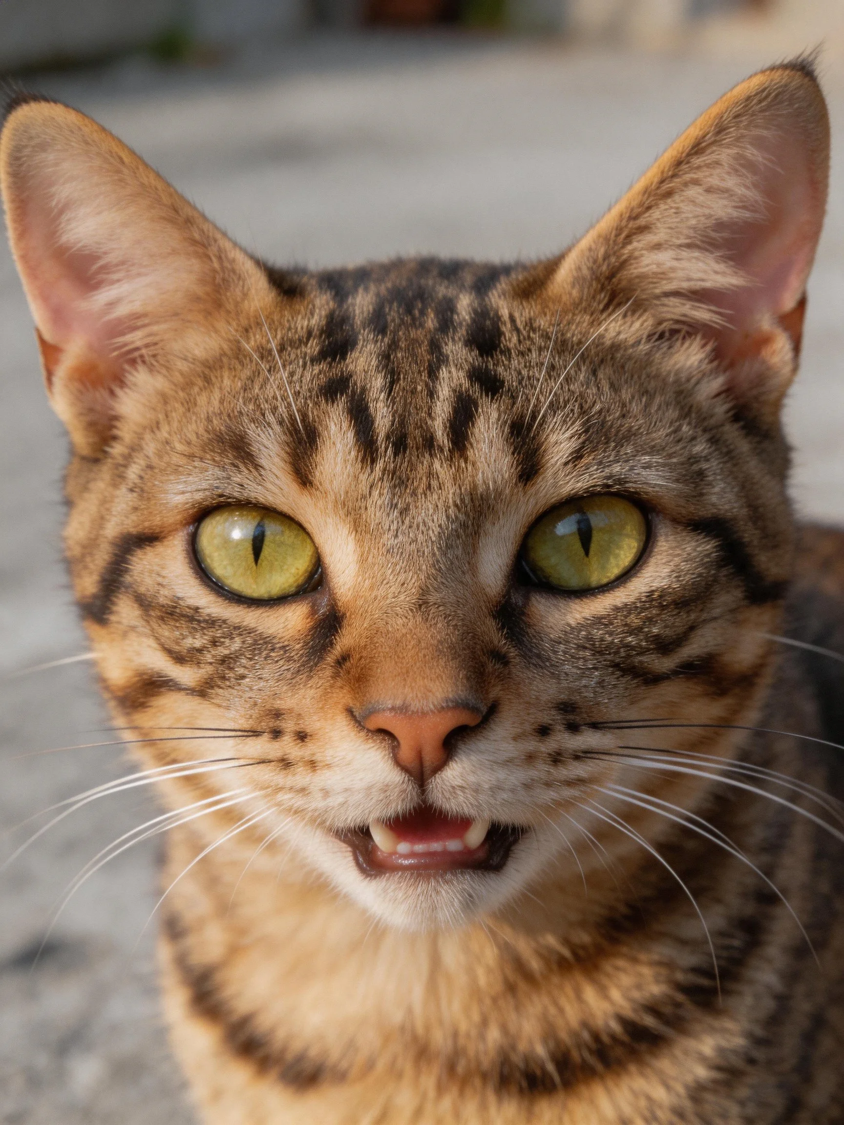 A close - up of a brown tabby cat with vivid yellow-green eyes