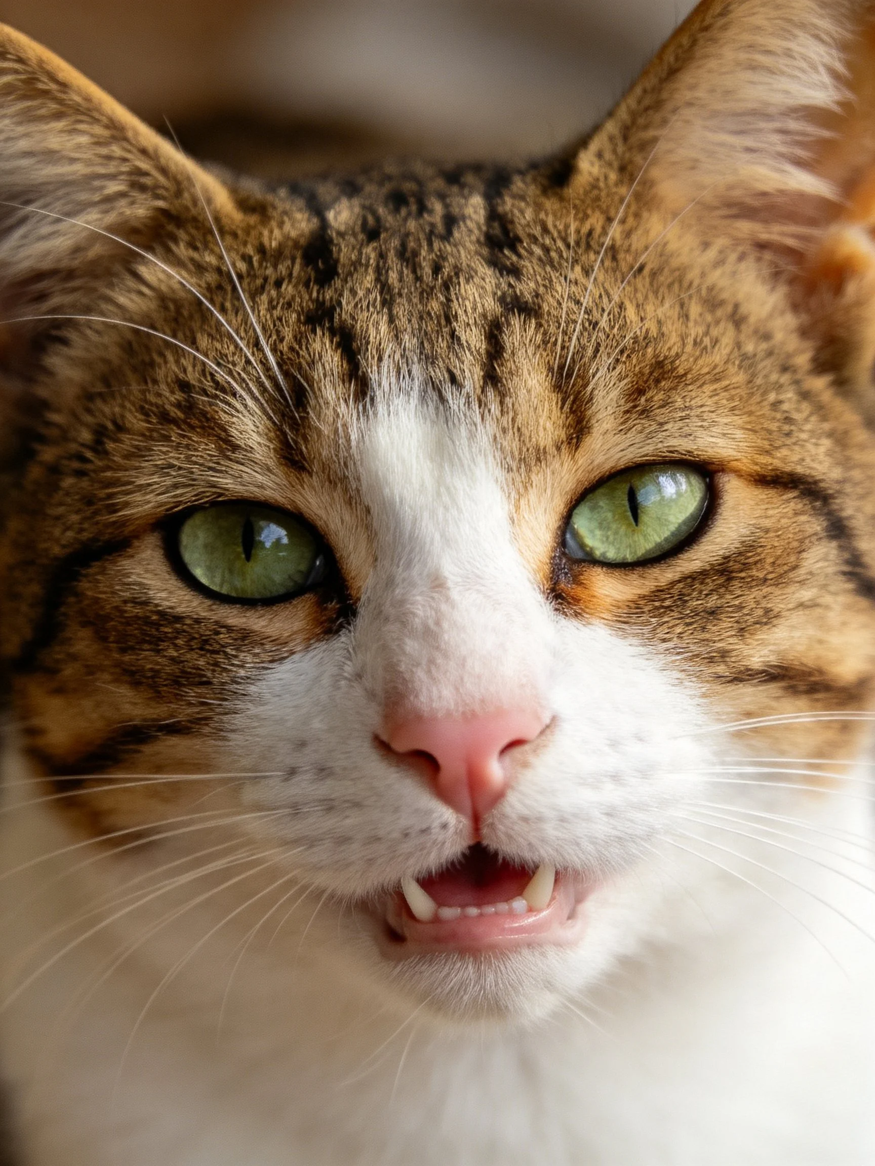 A close - up of a brown, white, green - eyed tabby cat