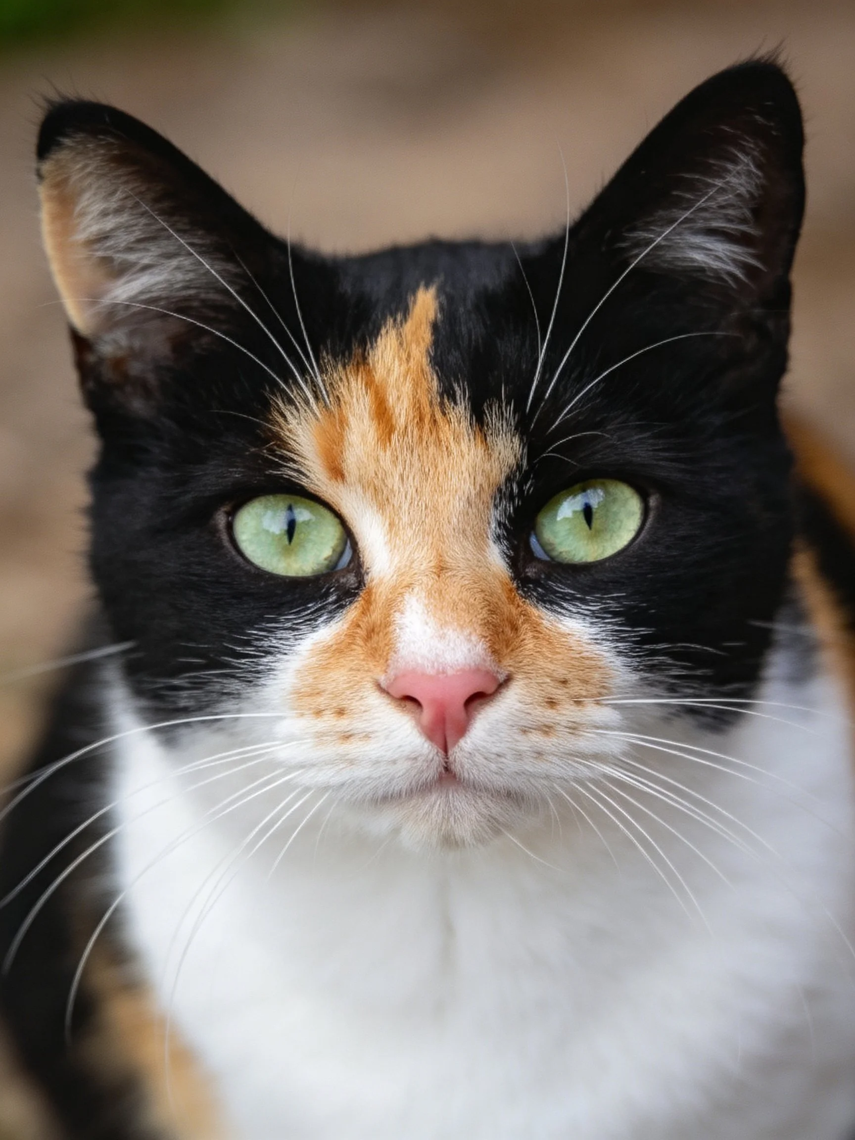 A calico cat with bright green eyes is photographed closely.