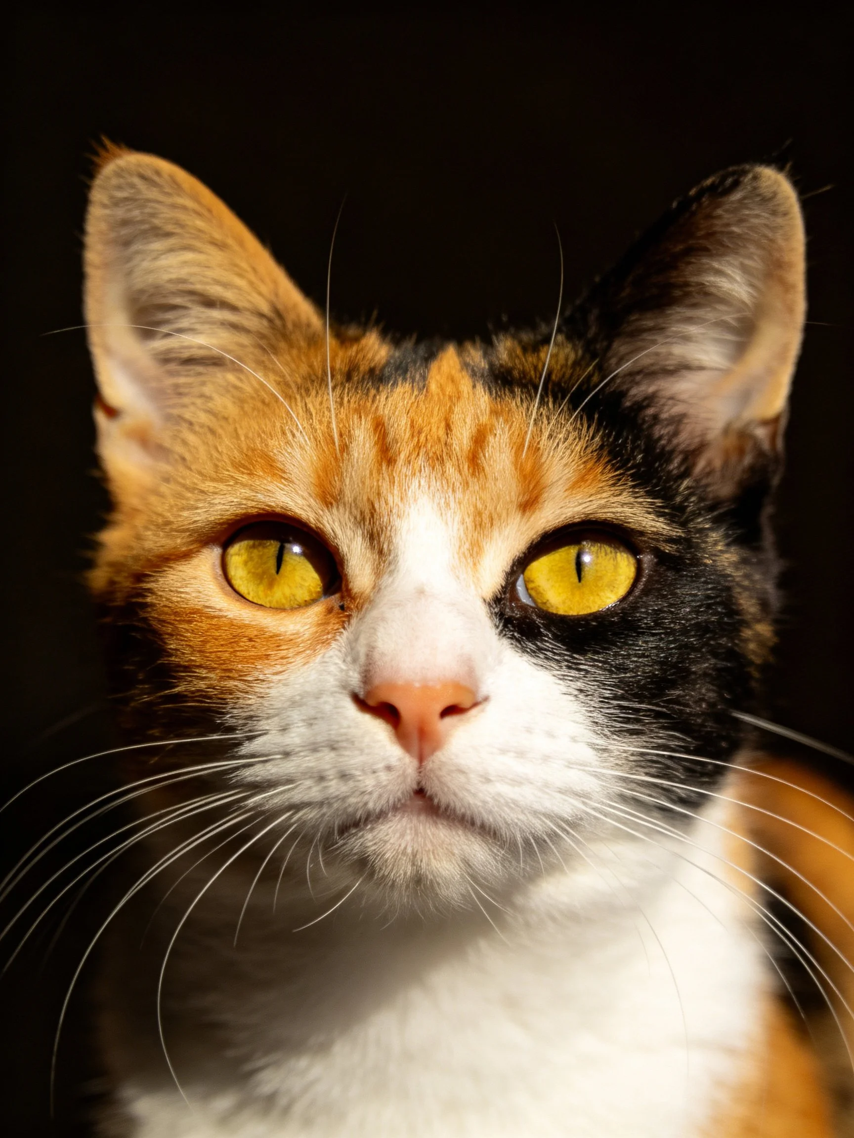 A calico cat with bright yellow eyes is shown up close against a dark background.