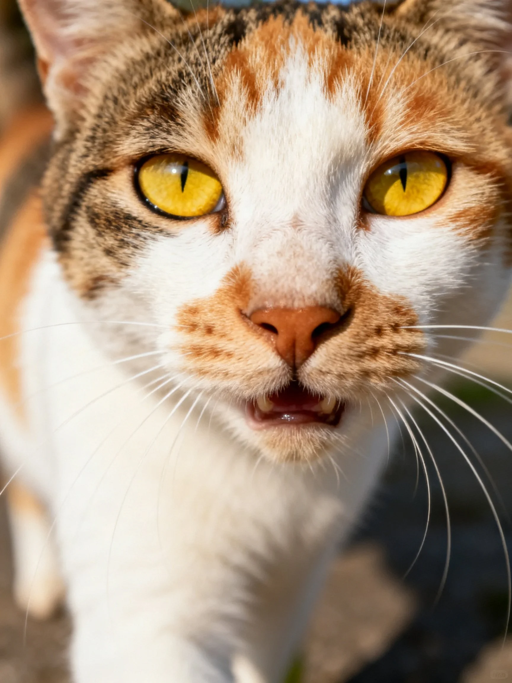 A calico cat with bright yellow eyes is photographed closely.