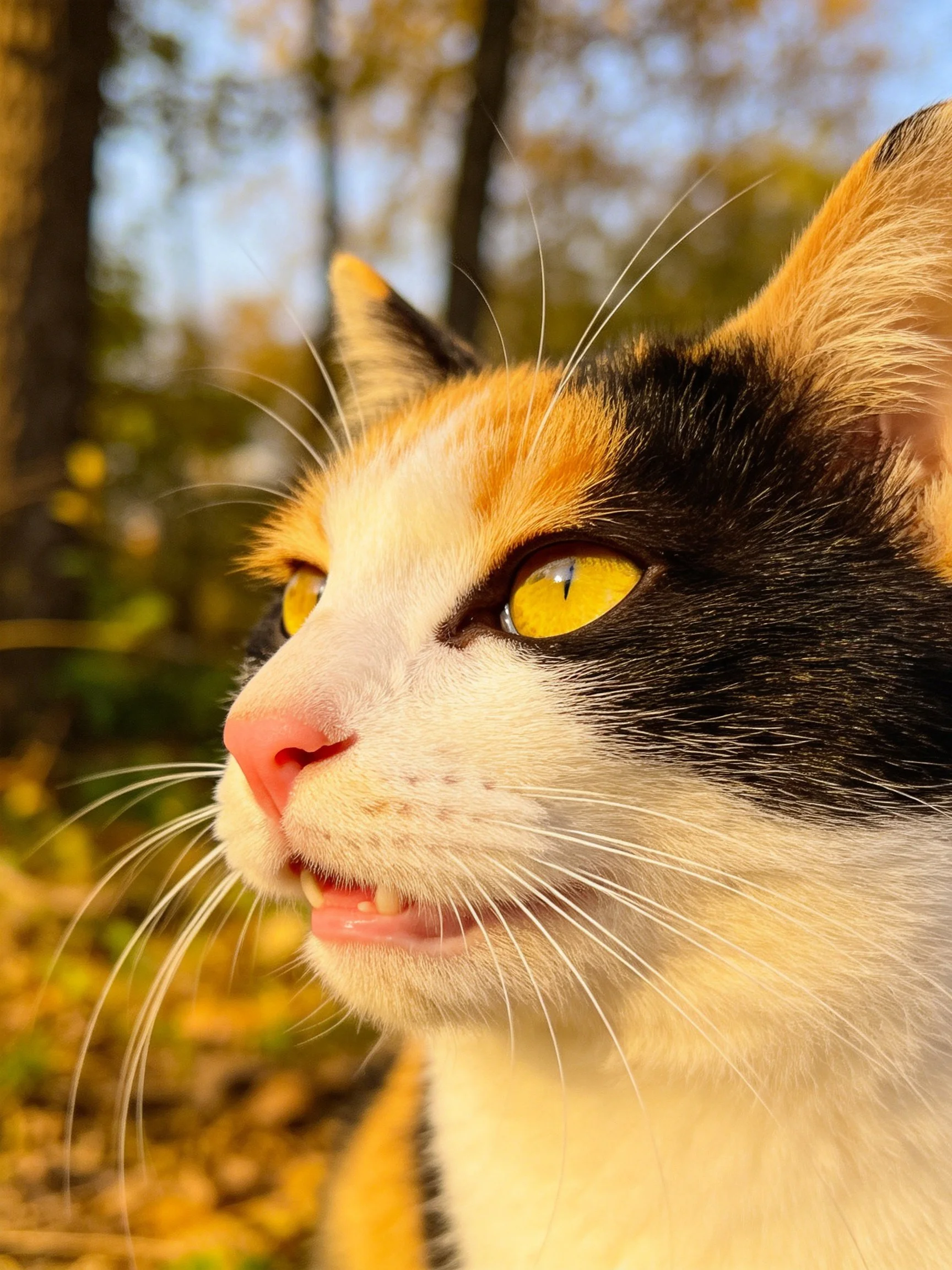 A close - up of a calico cat with bright yellow eyes in a wooded area