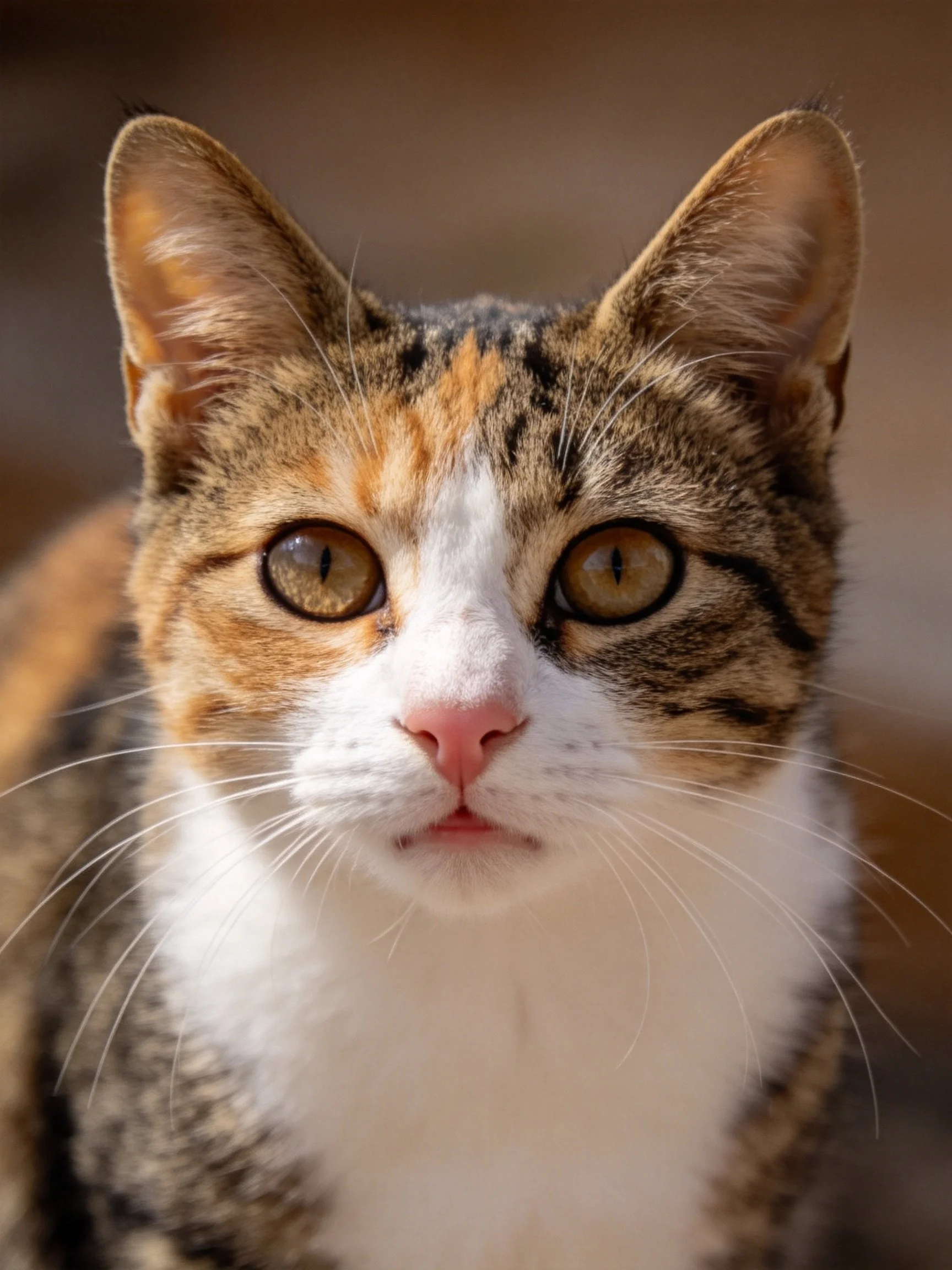 A calico cat with brown, black, and white fur looks directly at the camera.
