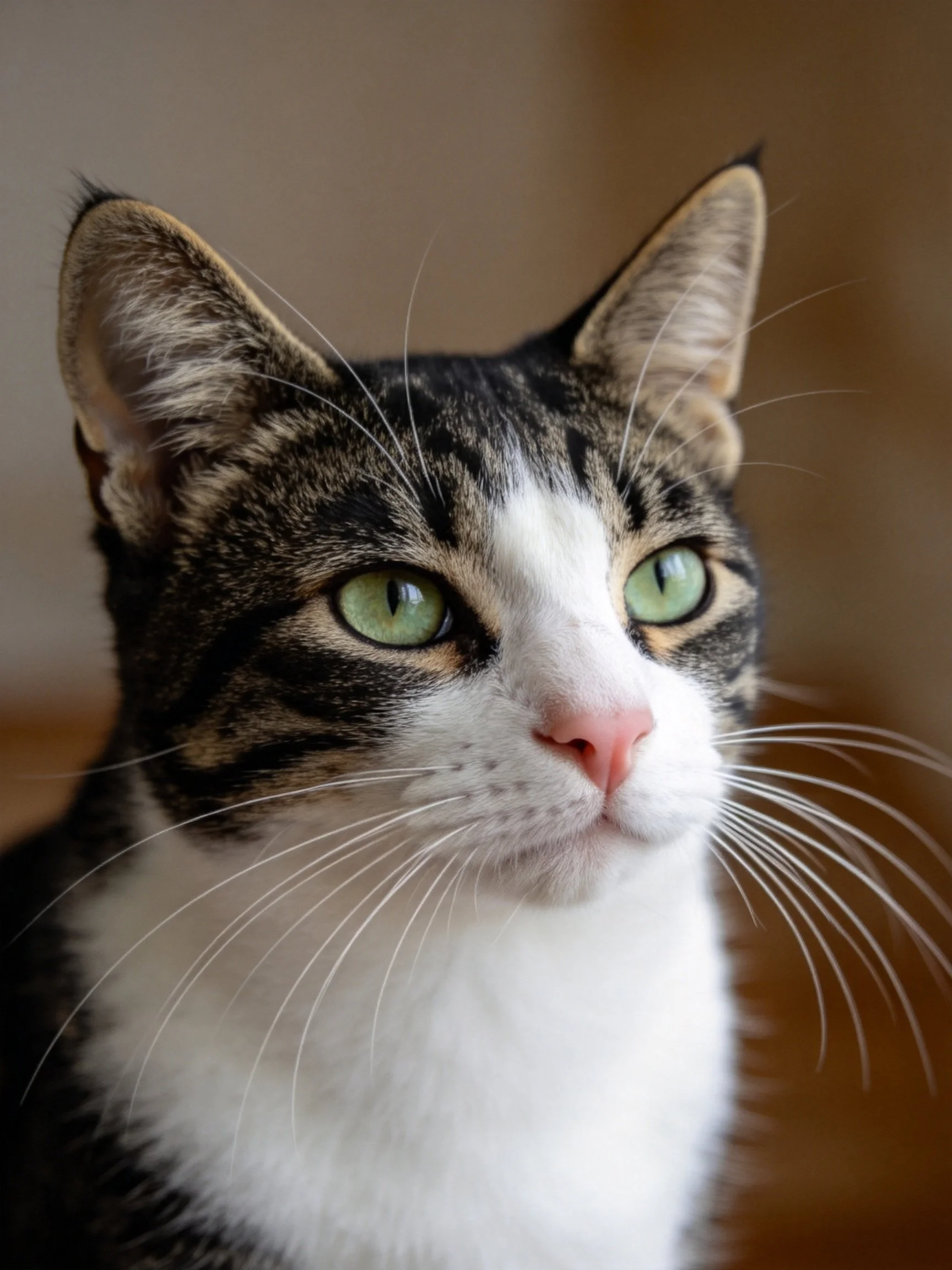 A close - up of a calico cat with green eyes and tabby markings