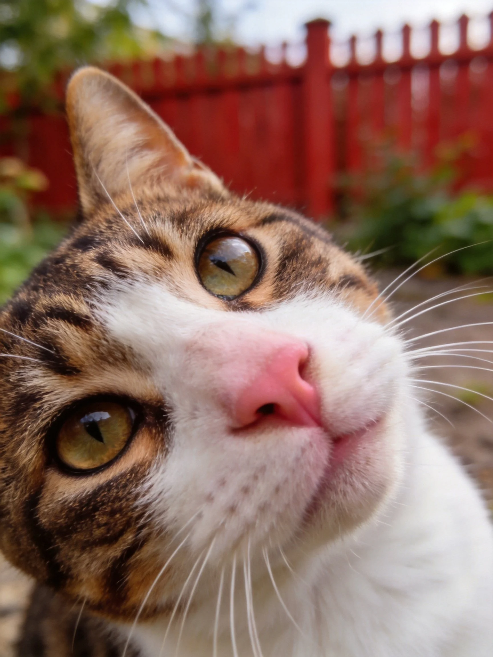 A close - up of a calico cat with large green eyes near a red fence