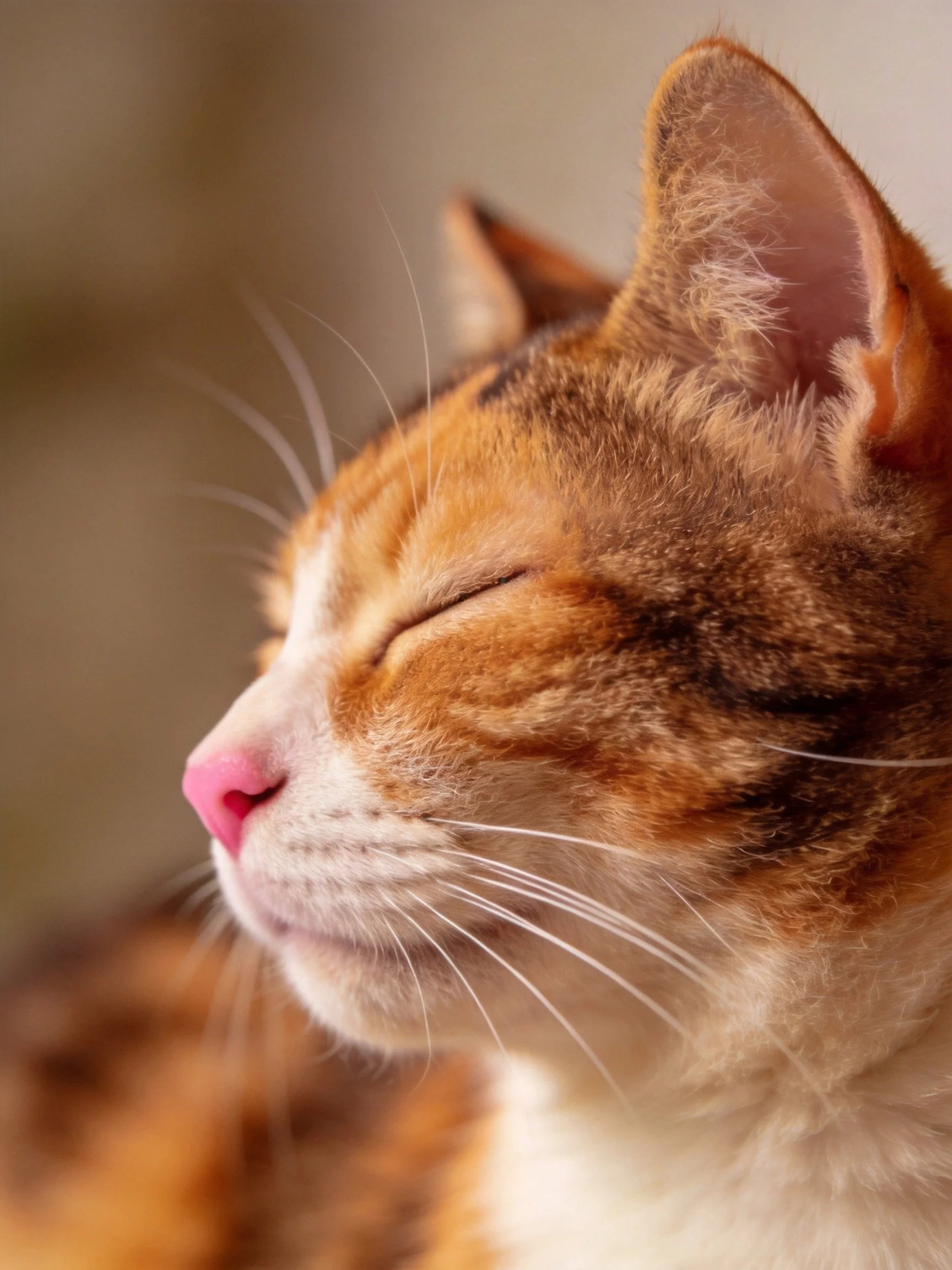 A close - up of a calico cat with closed eyes showcases its fur and relaxed expression.