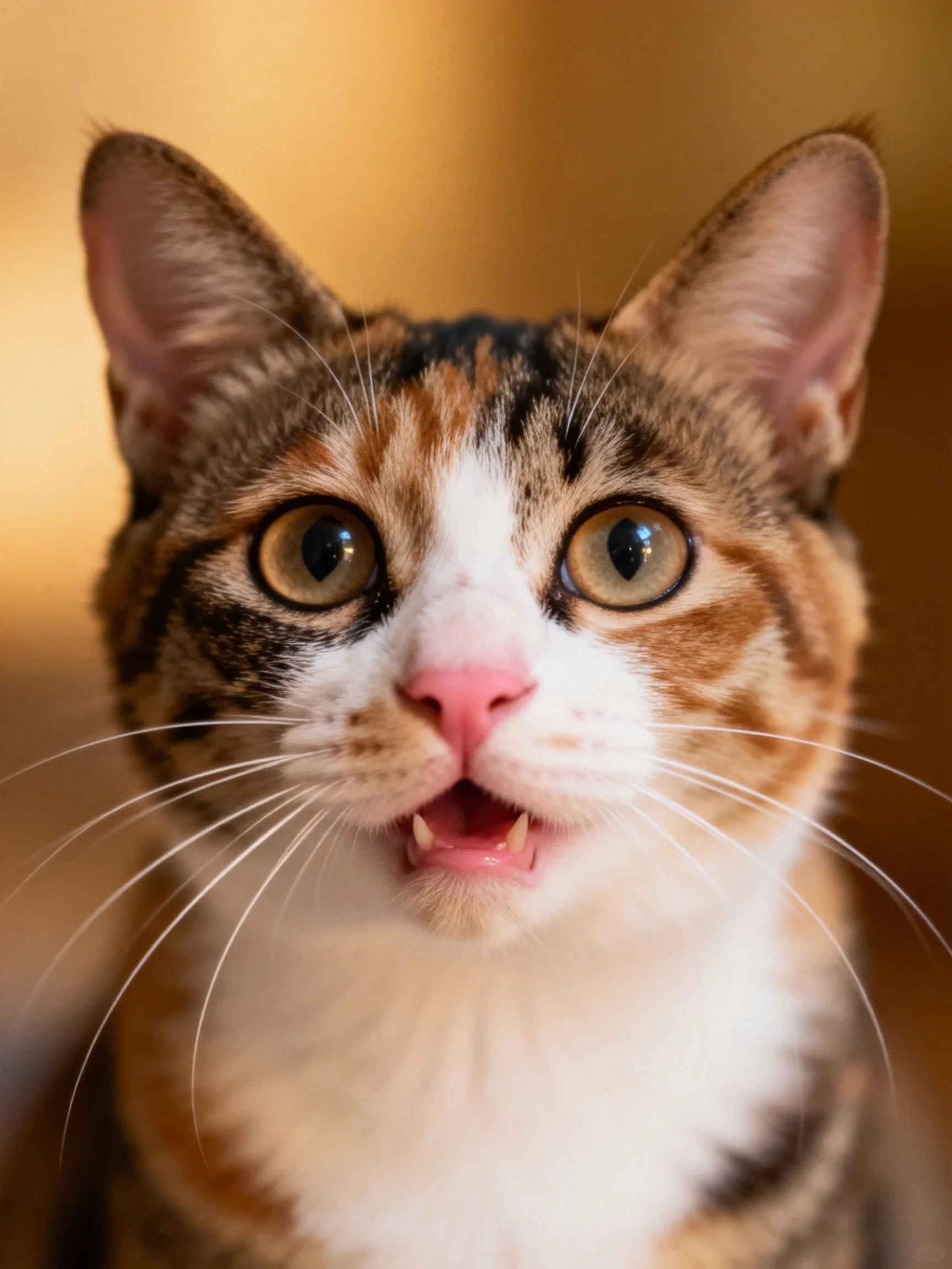 A close-up shows a calico cat with wide eyes and an open mouth