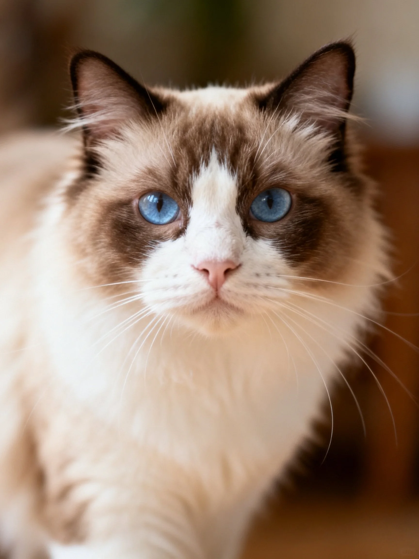 A cat with blue eyes and brown/white fur is shown in close-up detail.