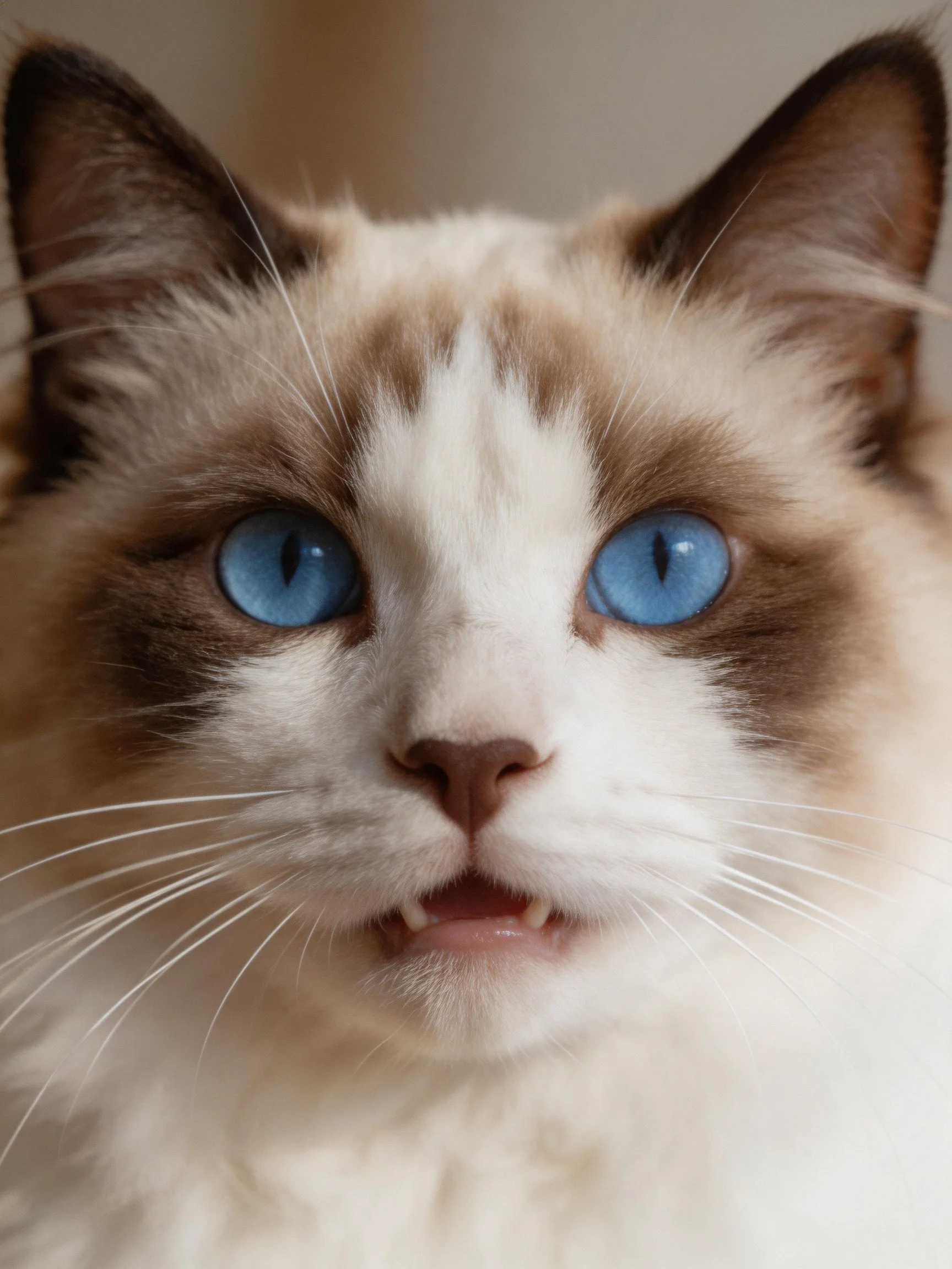 A cat with bright blue eyes and distinctive fur is shown up close.