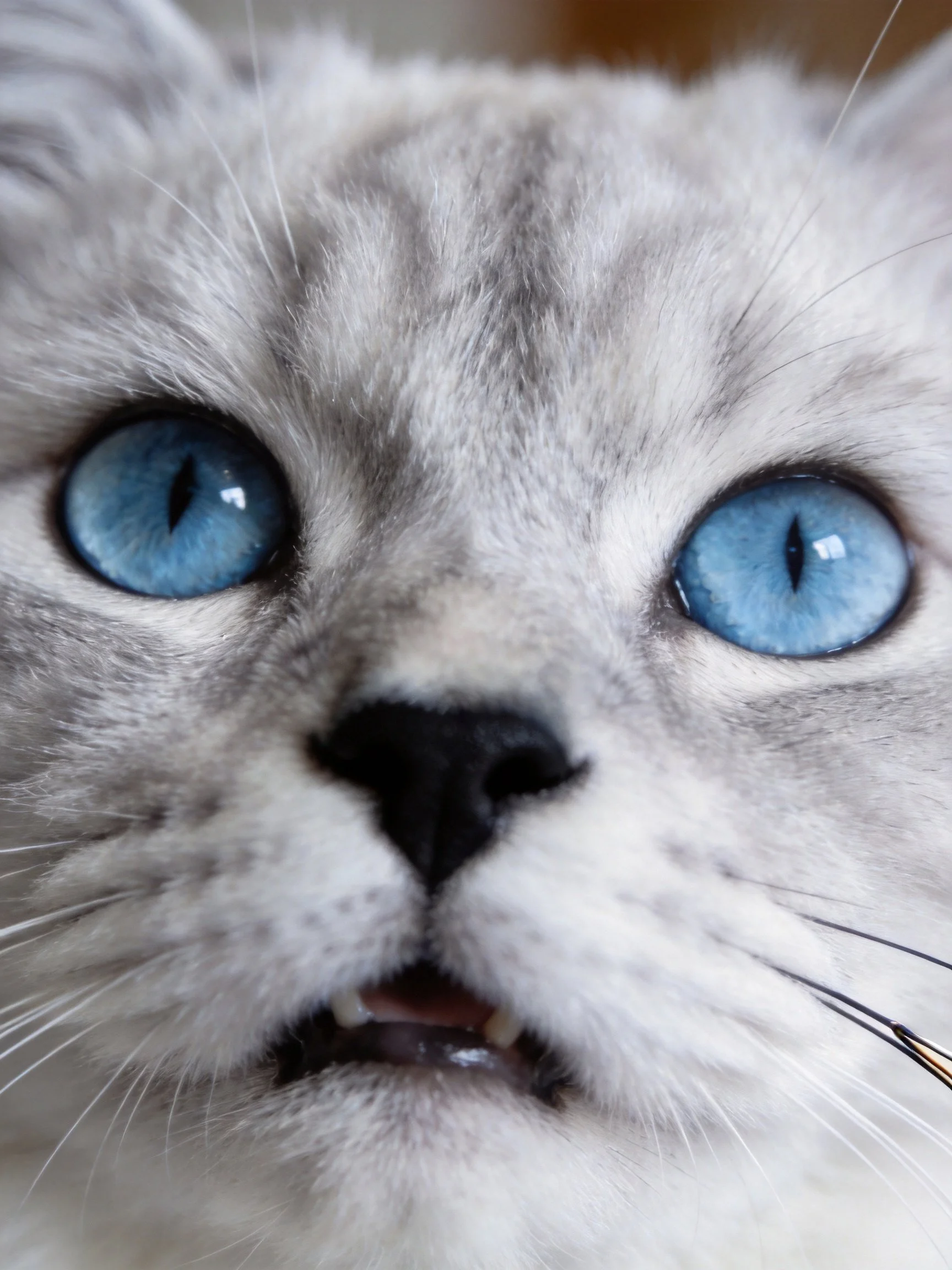 A close - up displays a cat with striking blue eyes and soft fur.