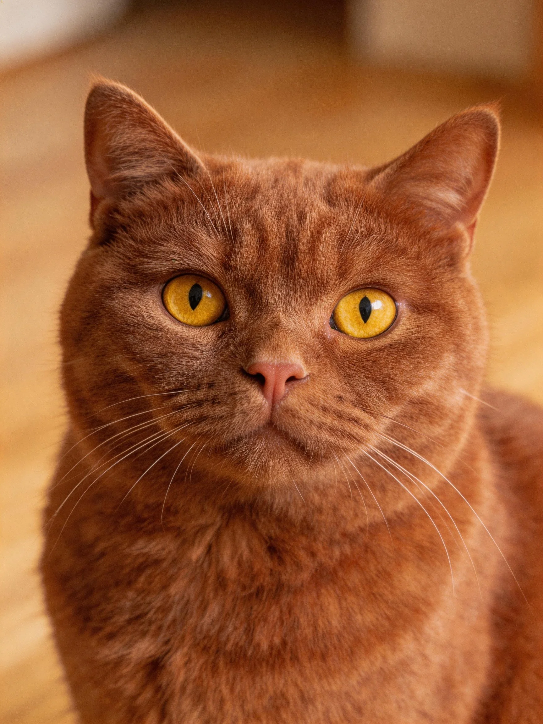 A chestnut cat with bright yellow eyes is shown in a close-up photograph.