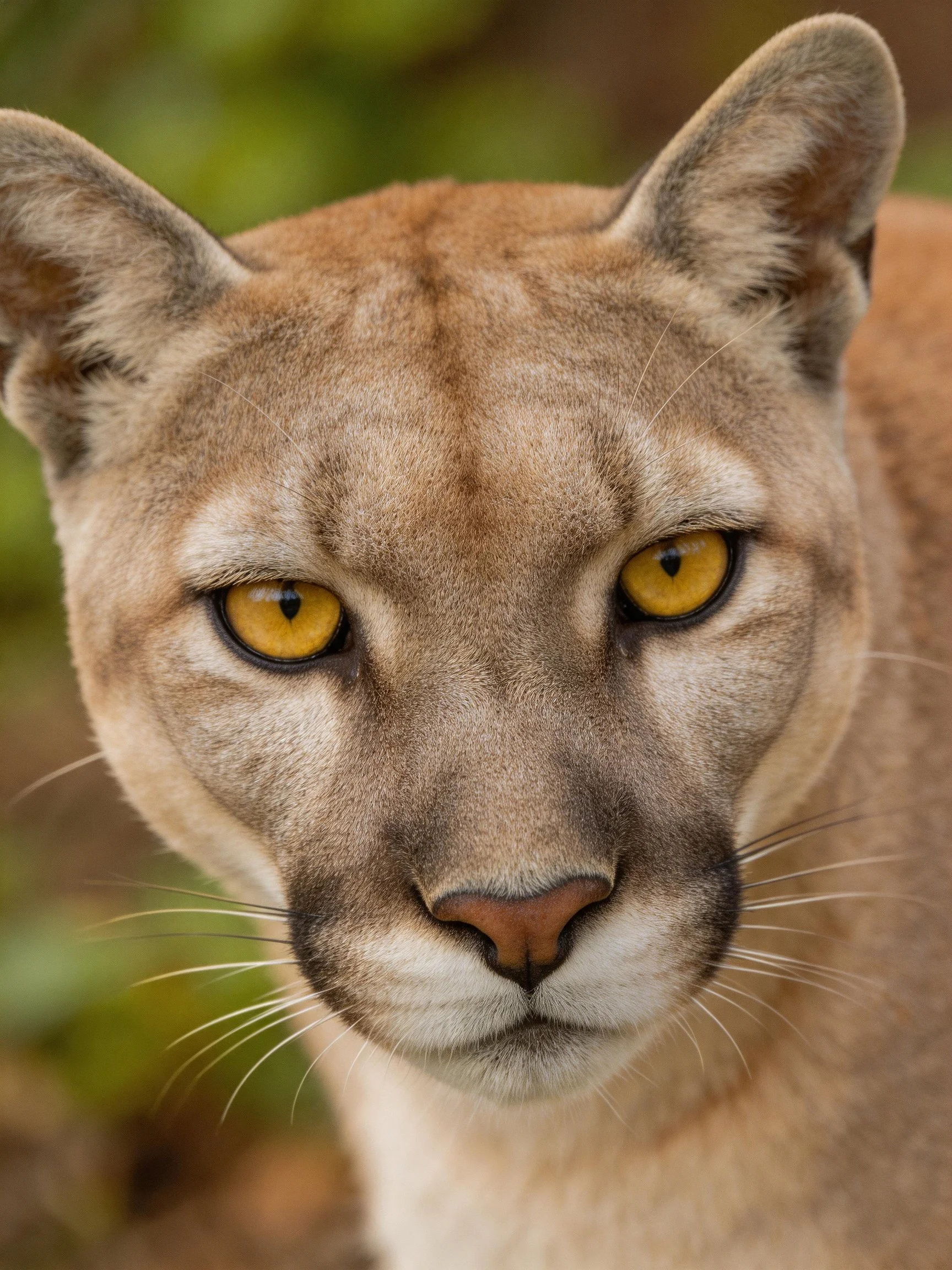 A close - up of a cougar with golden eyes and tawny fur
