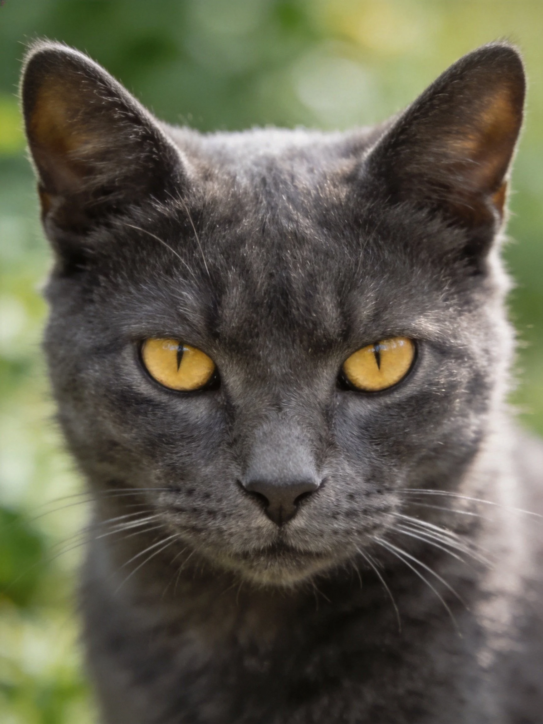 A close - up shows a dark gray cat with striking yellow eyes.
