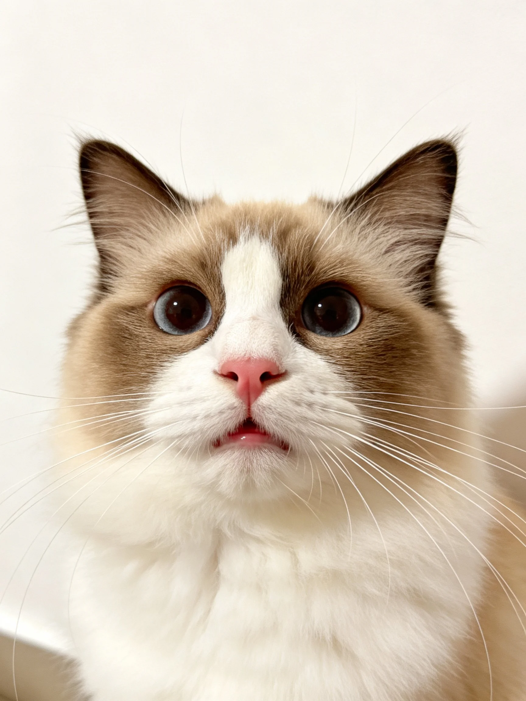 A close - up displays a fluffy brown and white cat with striking blue eyes.
