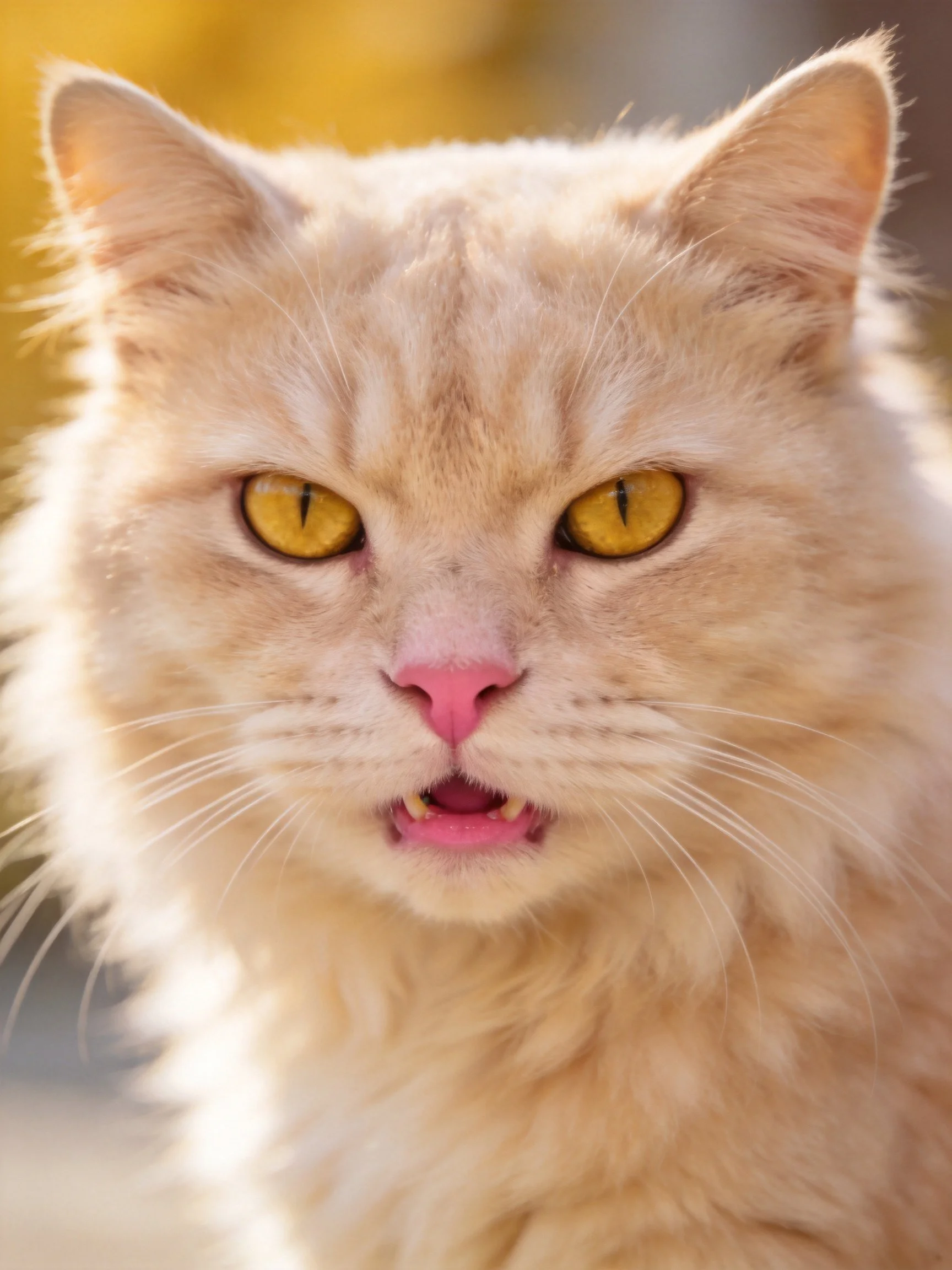 A fluffy cream - colored cat with bright yellow eyes is photographed up close.