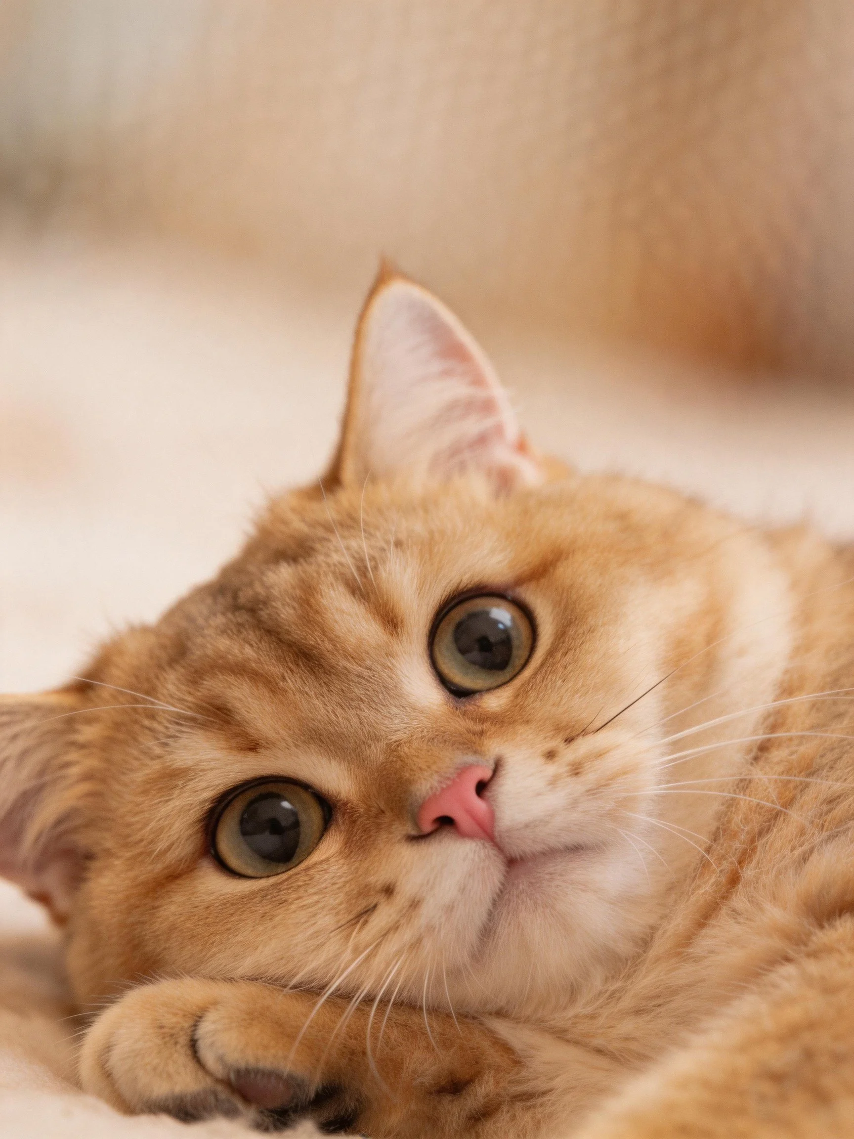 A close - up of a fluffy orange cat resting on a soft surface.
