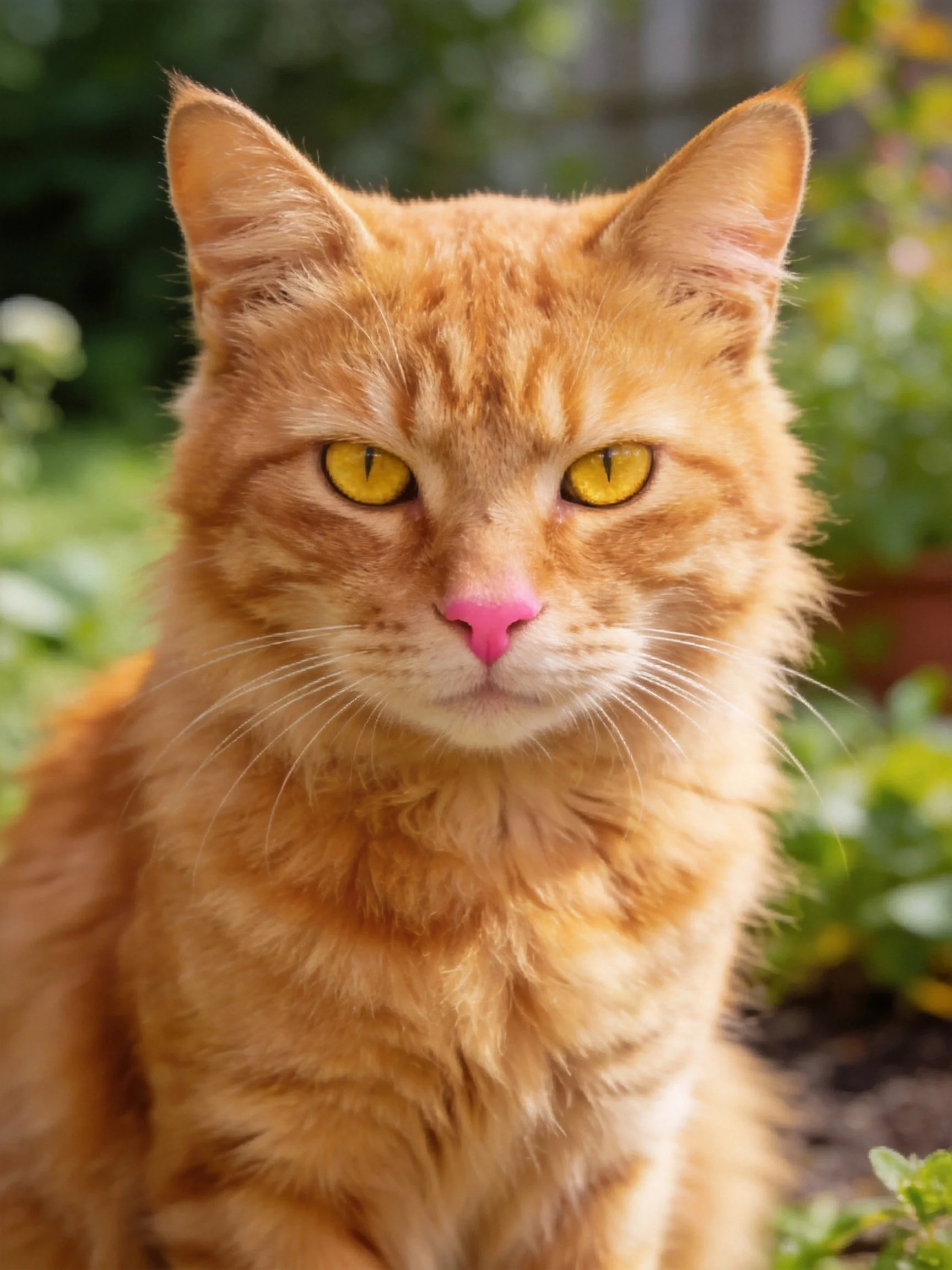 A close - up of a fluffy orange tabby cat in a sunlit natural environment.