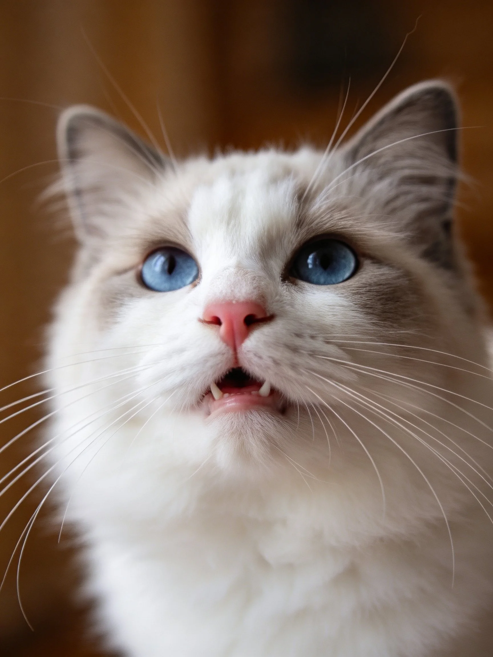 A close - up highlights a fluffy white and gray cat with bright blue eyes.