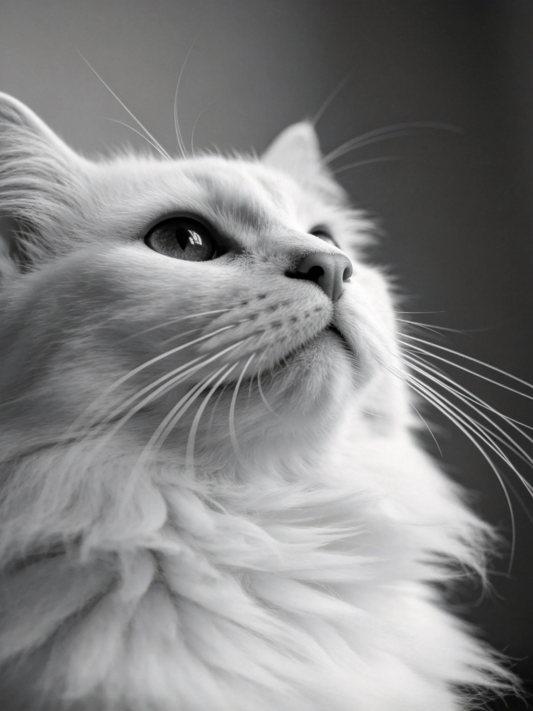 A close - up of a fluffy white cat in monochrome
