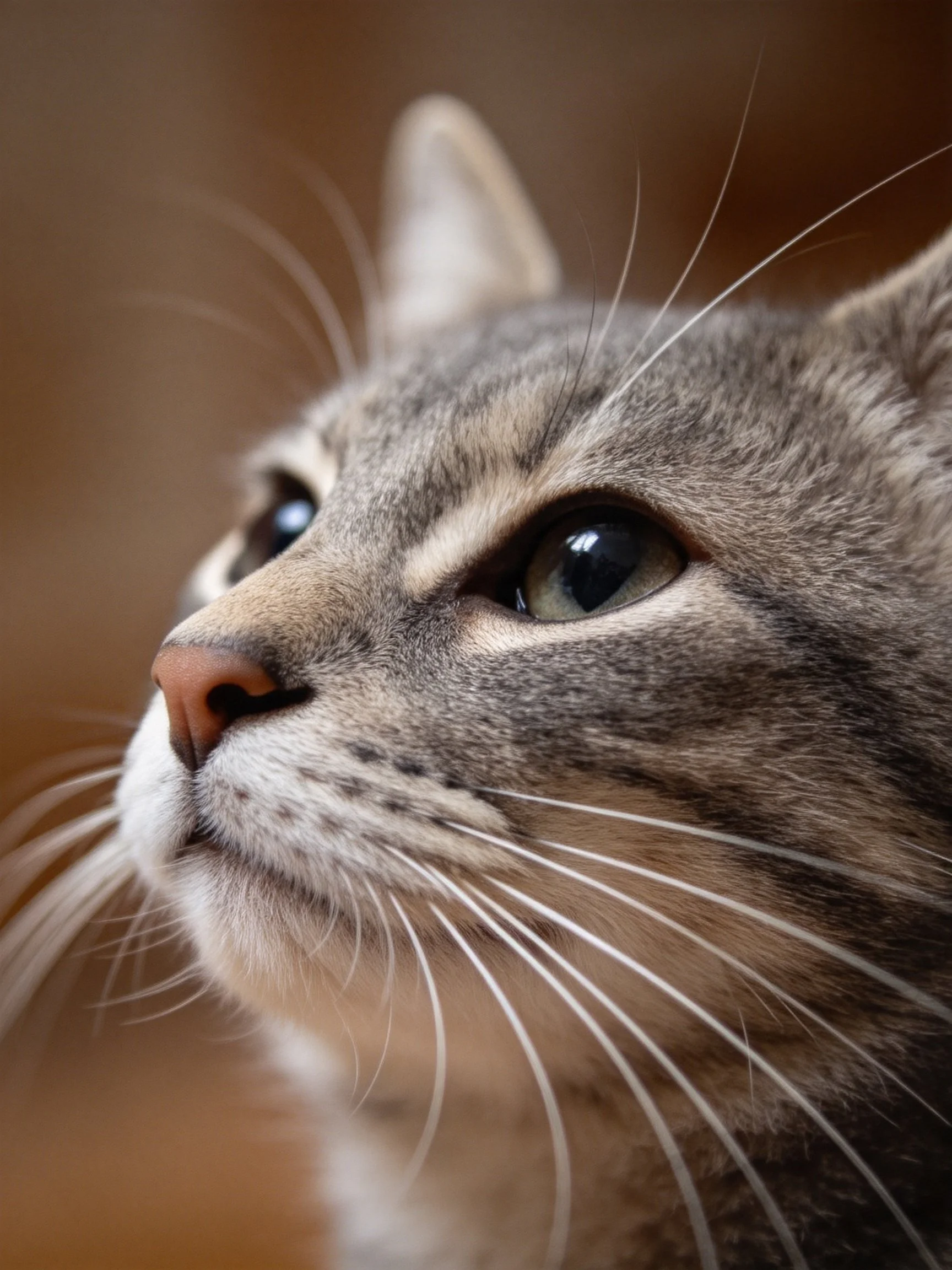 A close - up shows a gray and brown tabby cat gazing upward.