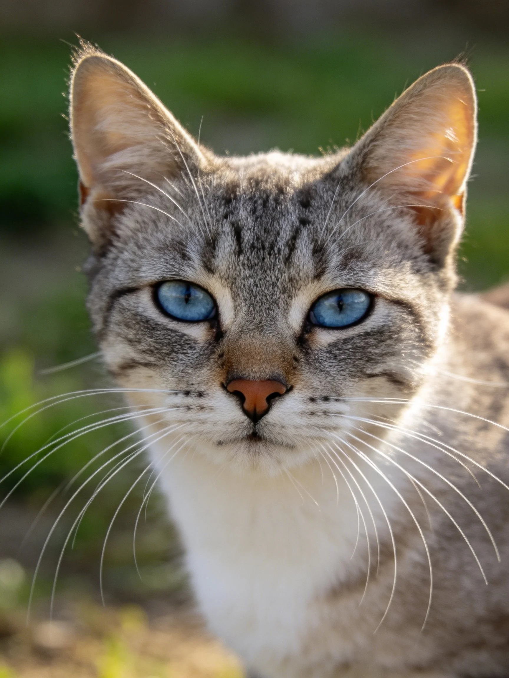 A gray and white cat with bright blue eyes is shown in close - up.