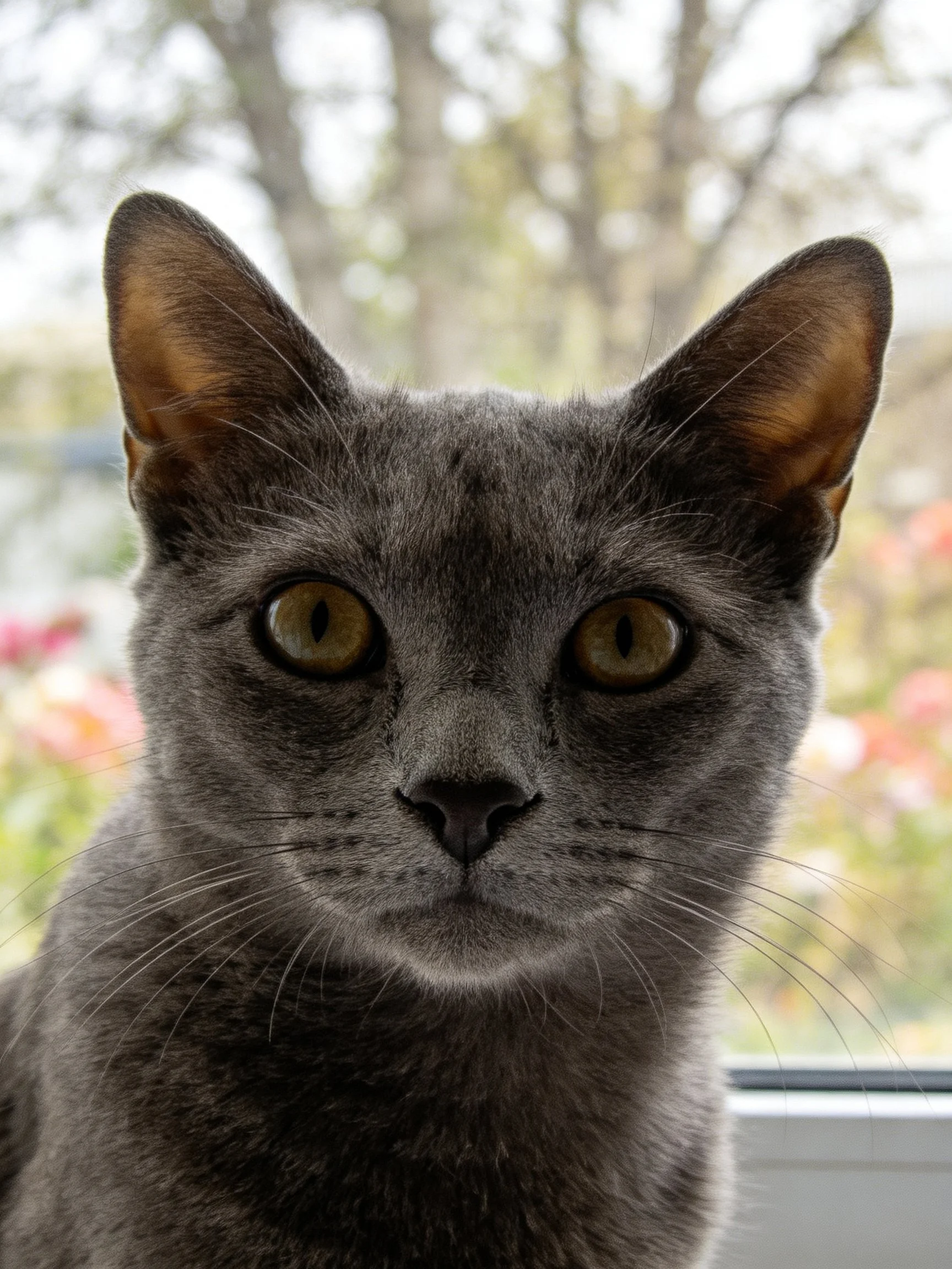 A close - up of a gray cat with amber eyes near a window