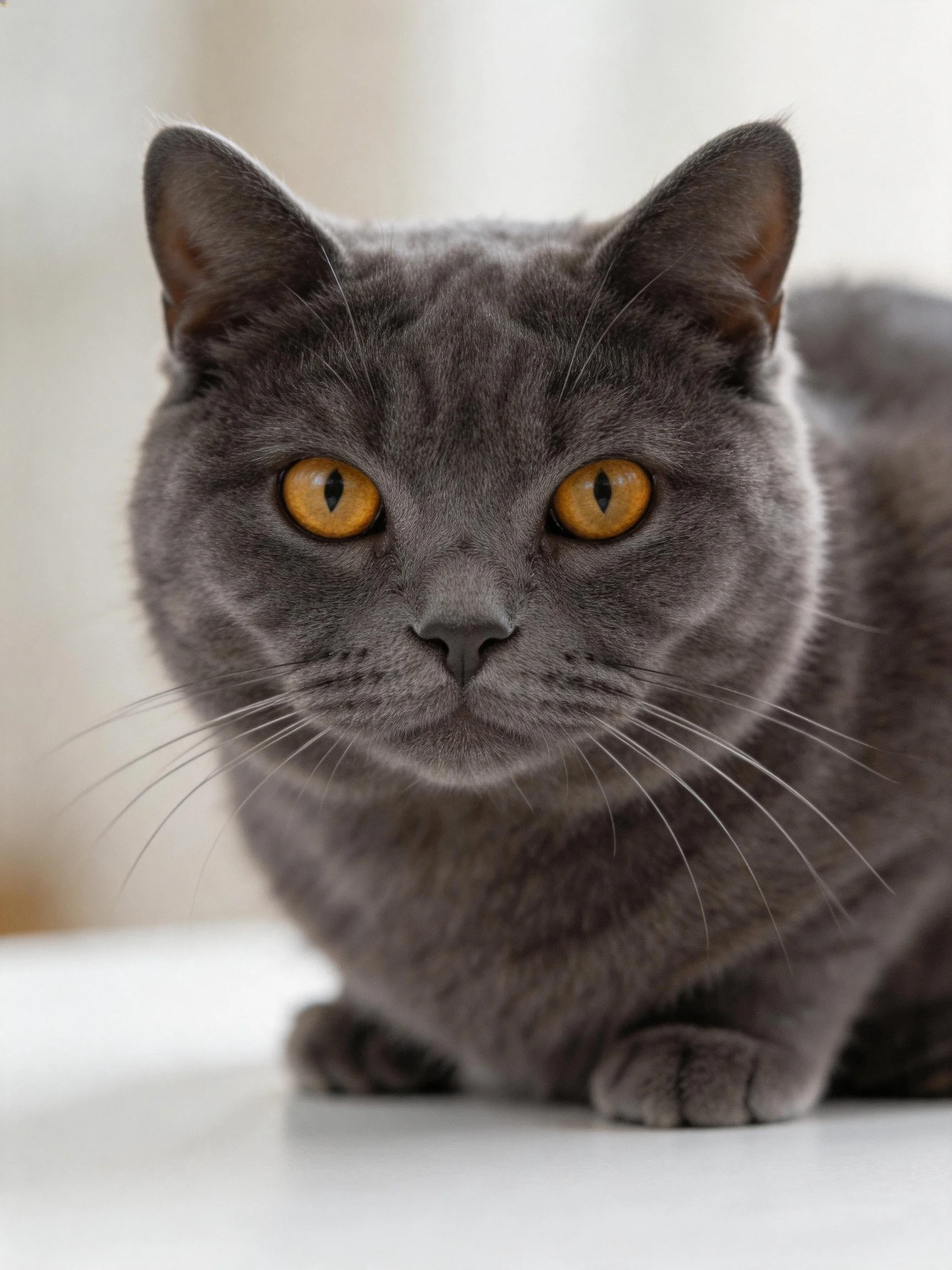 A gray cat with vivid amber eyes is photographed up close.