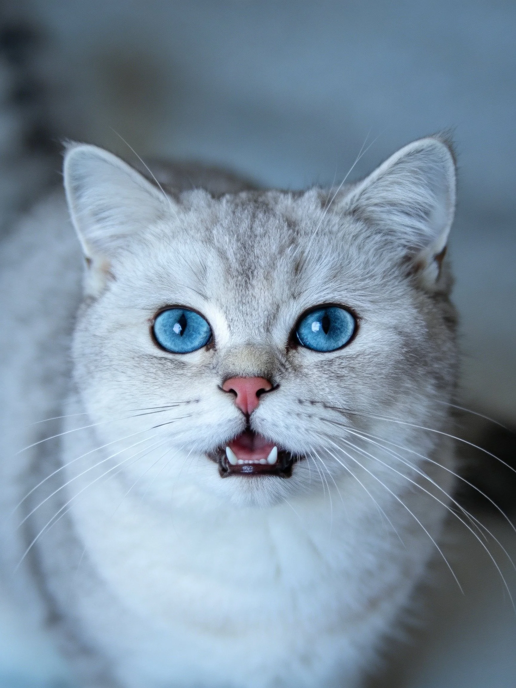 A close - up of a gray cat with bright blue eyes