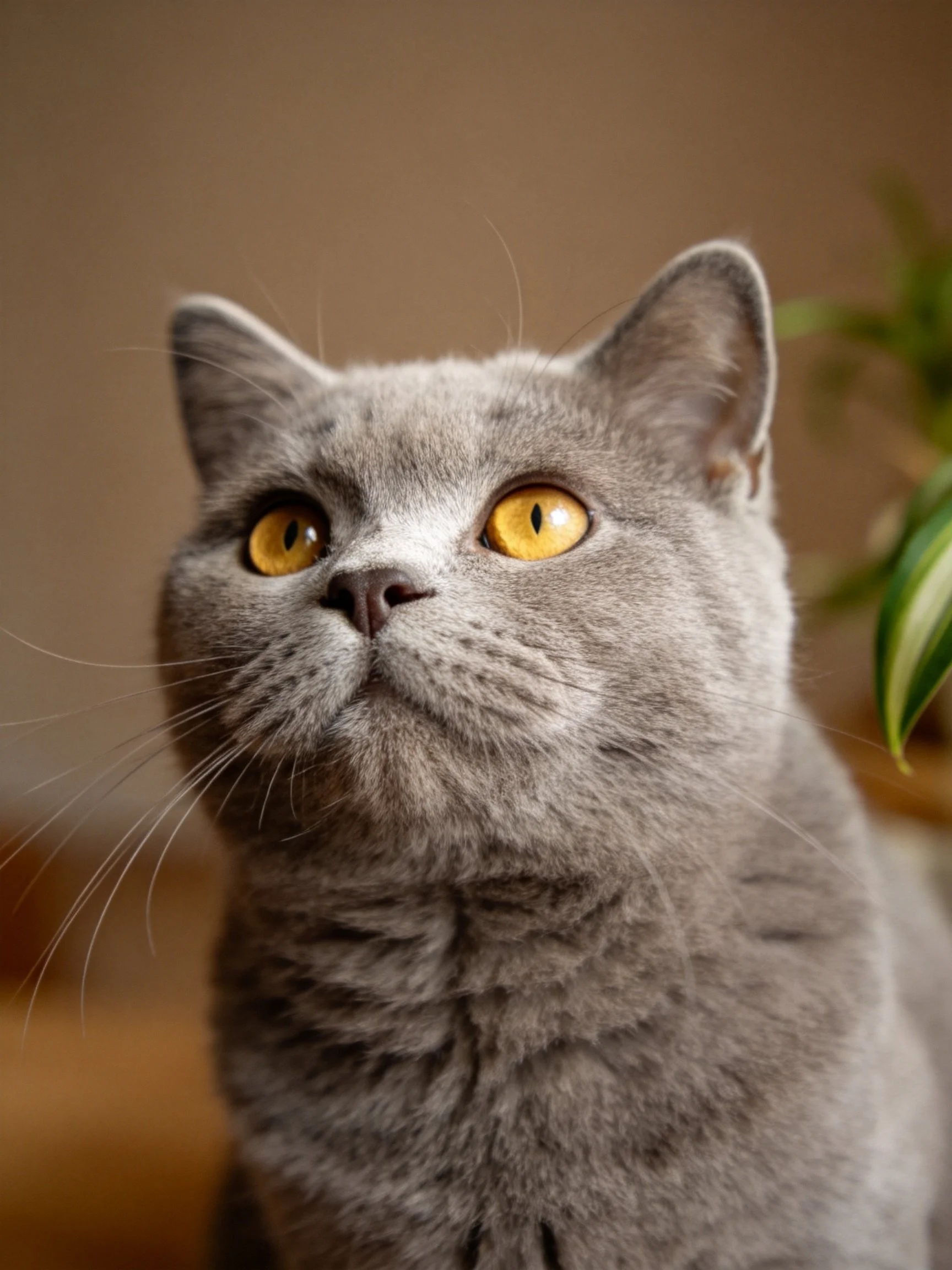 A gray cat with bright yellow eyes gazes upward in a softly lit space.