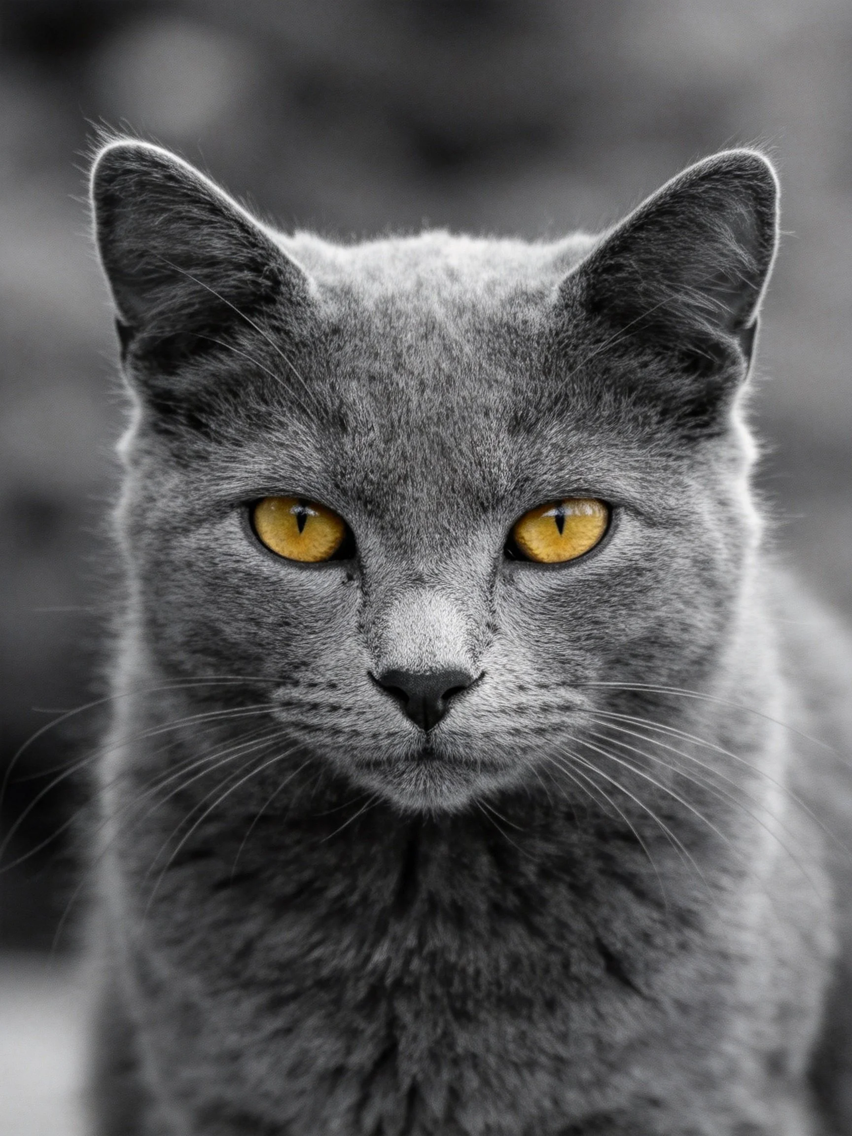 A gray cat with bright yellow eyes is shown in a close - up with a blurred background.