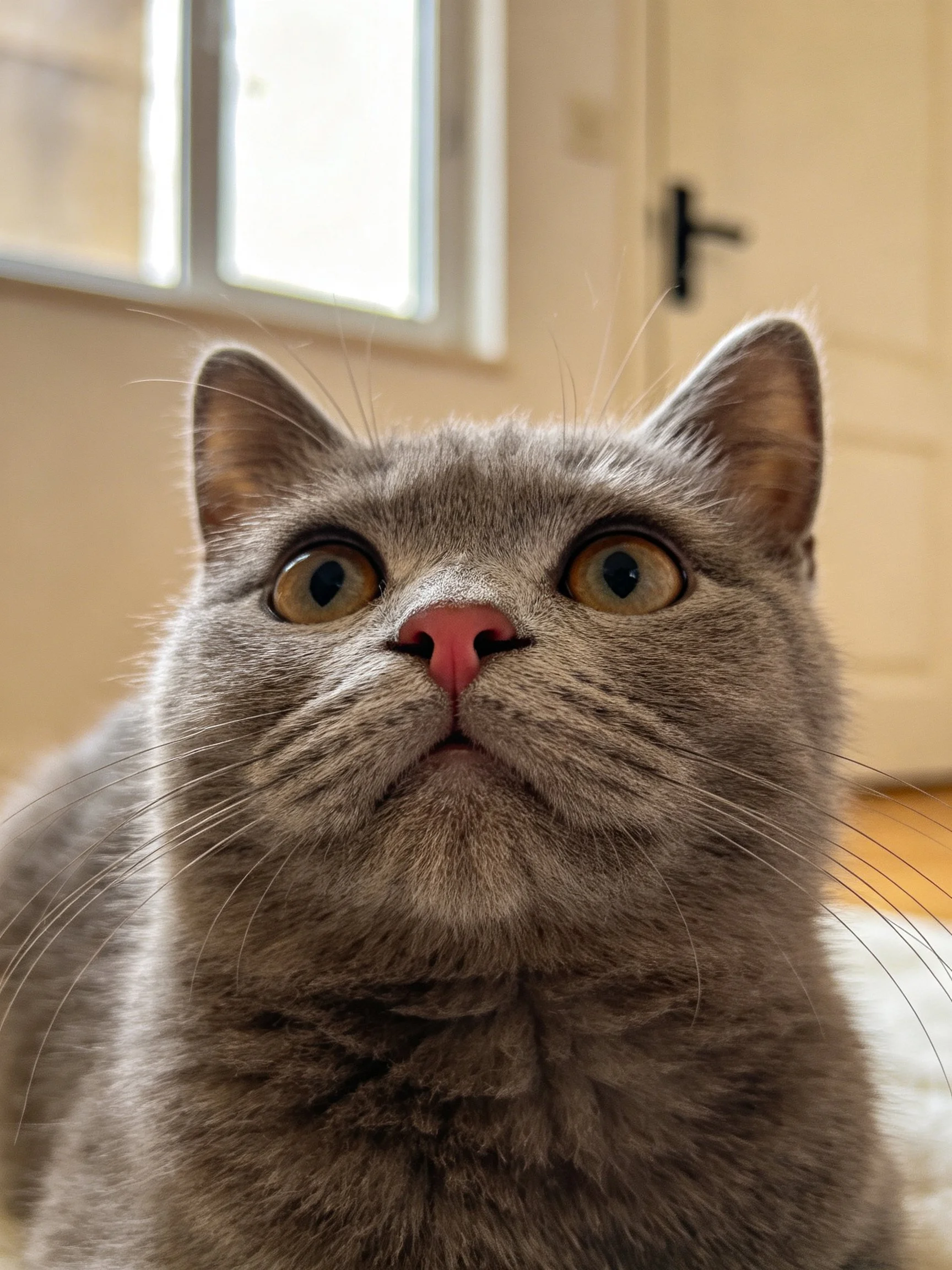 A close-up of a gray cat with wide eyes near a window