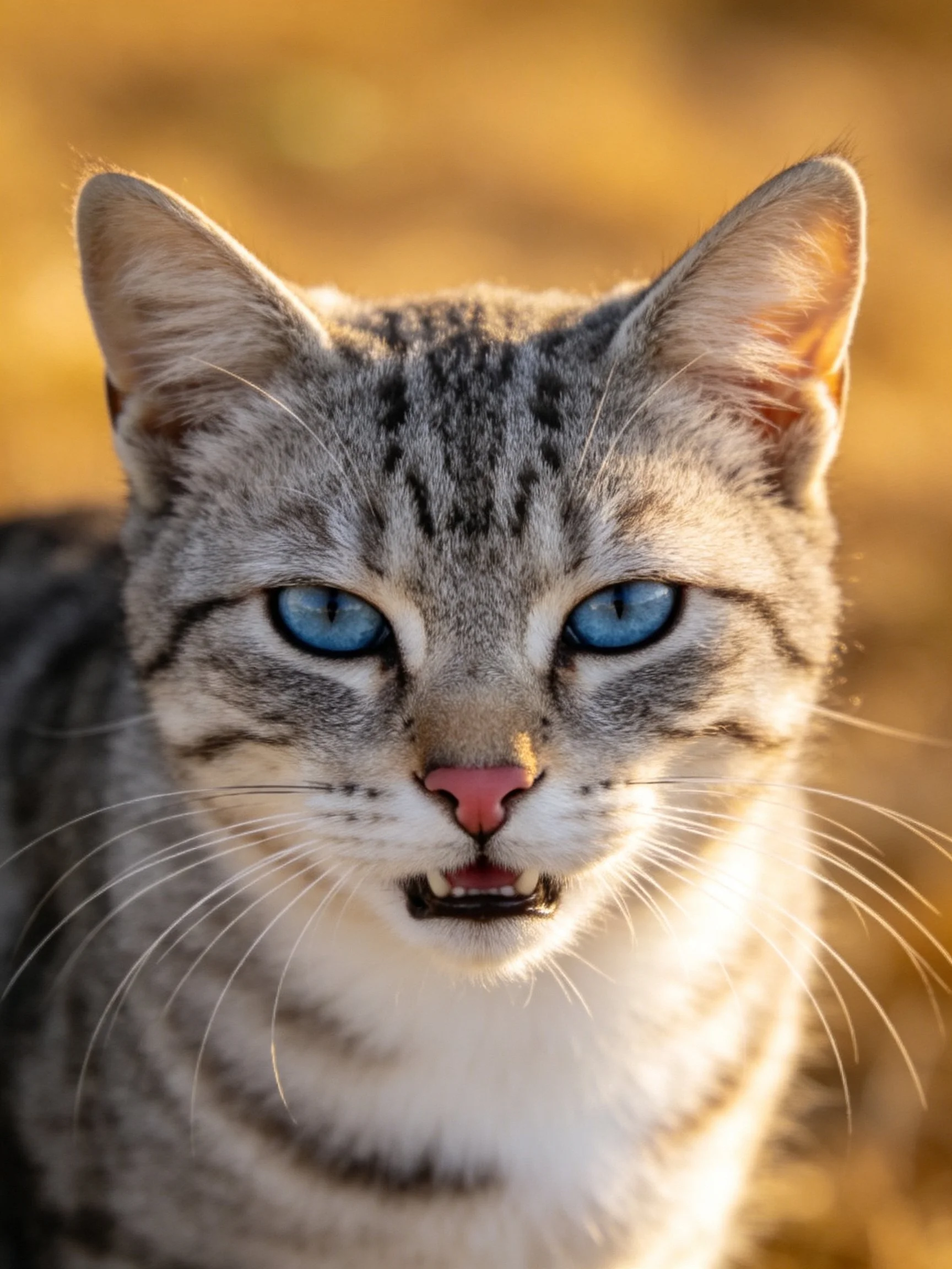 A close - up of a gray tabby cat with bright blue eyes