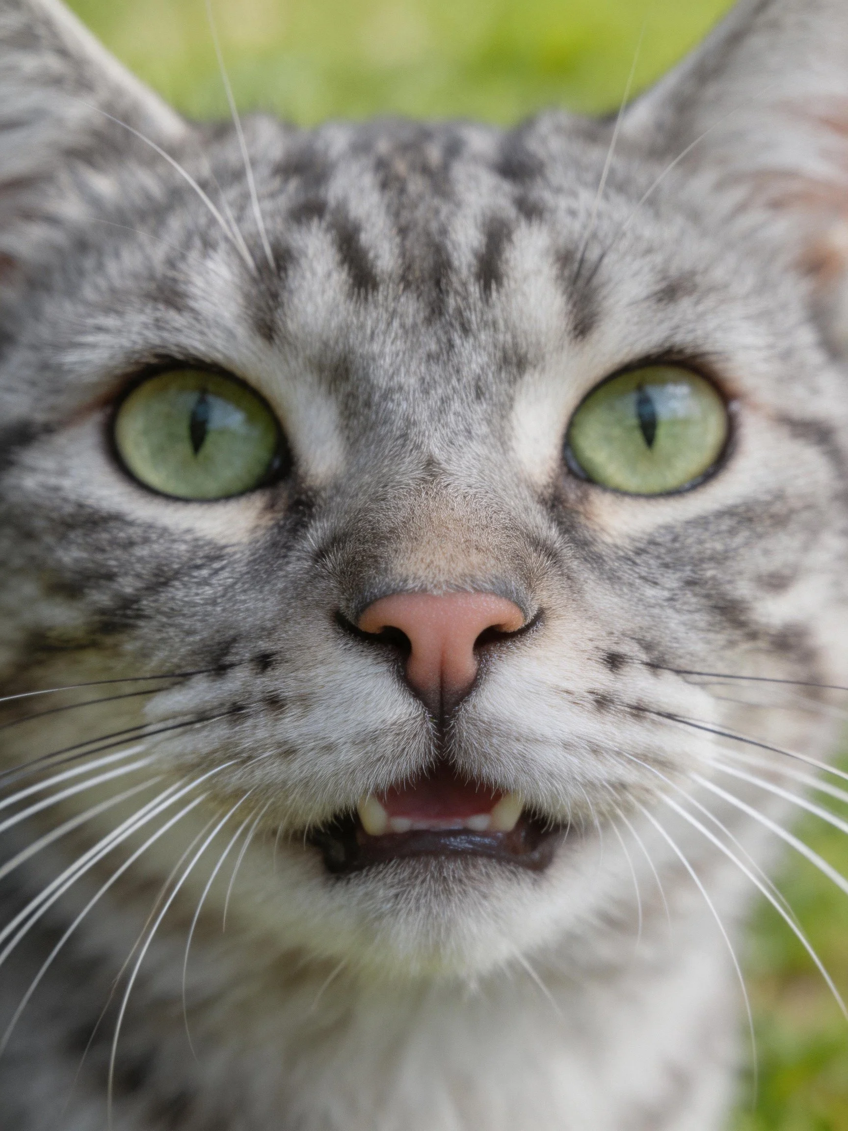 A gray tabby cat with bright green eyes gazes directly at the camera.