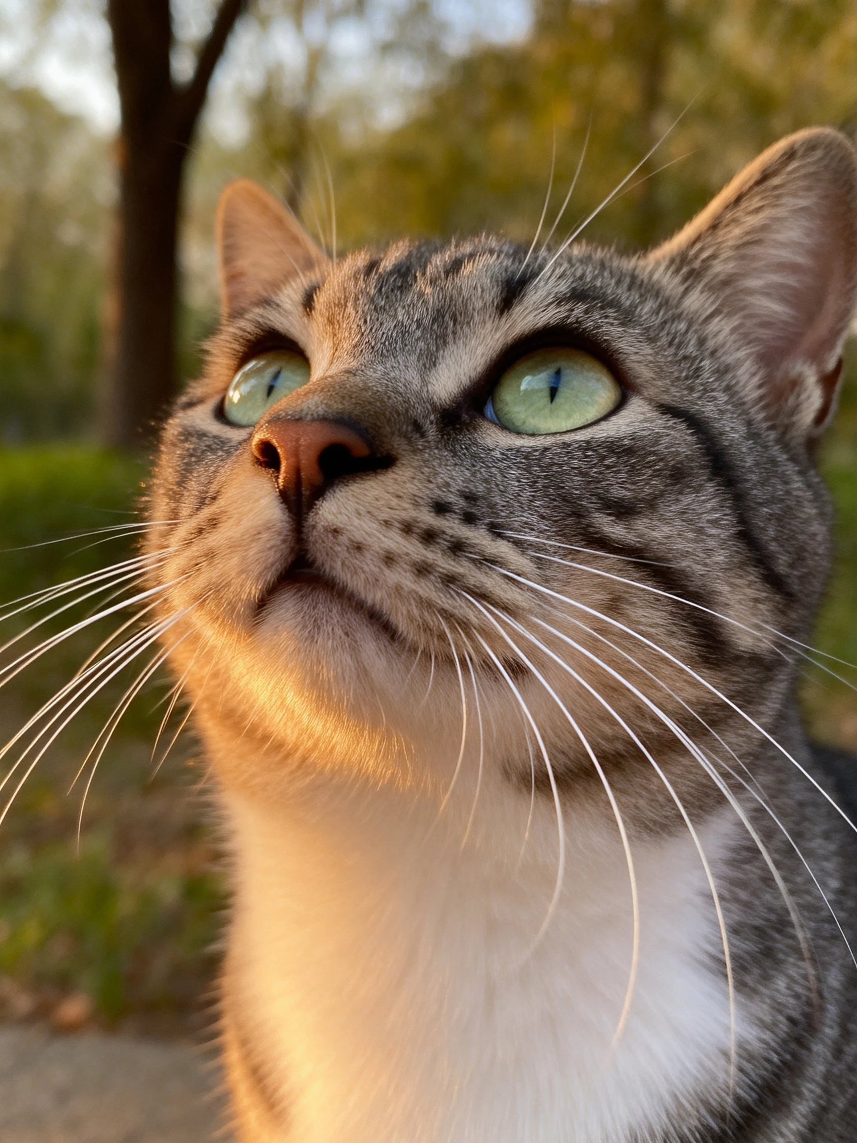 A close - up of a gray tabby cat with bright green eyes outdoors