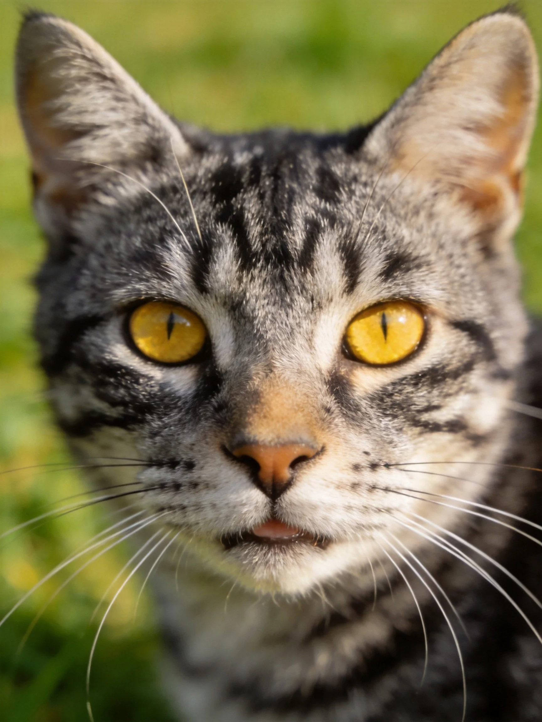 A close - up of a gray tabby cat with bright yellow eyes