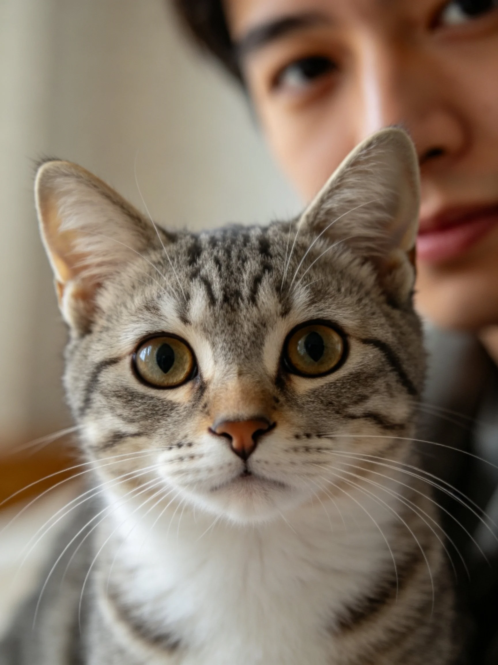 A gray tabby cat with large eyes is shown up close beside a person.
